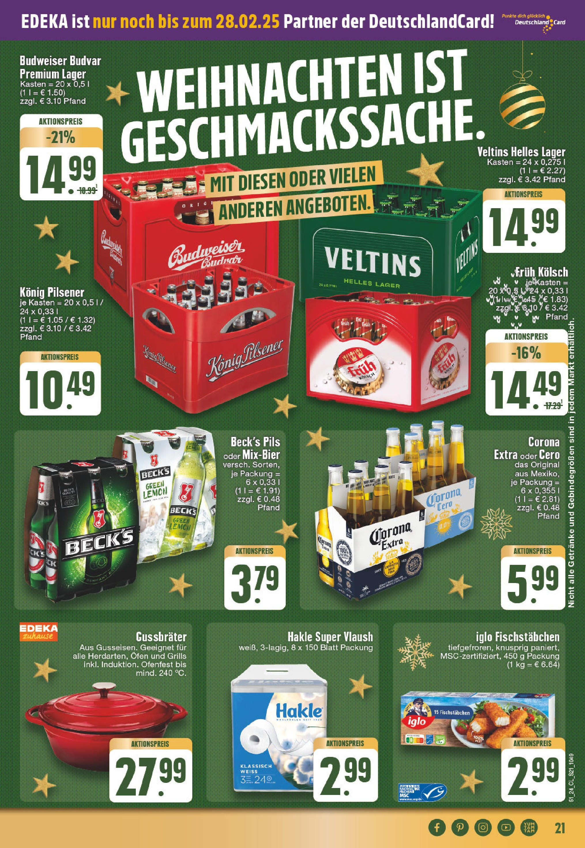 Edeka - EDEKA: Wochenangebote (ab 15.12.2024) » Angebote Online | Seite: 21 | Produkte: Konig pilsener, Iglo, Pils, Fischstabchen