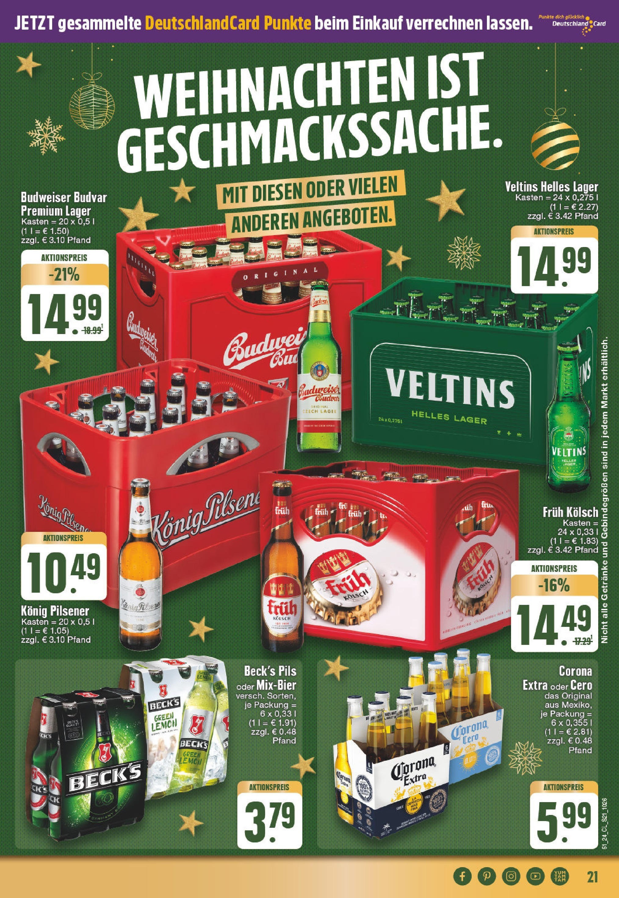 Edeka - EDEKA: Wochenangebote (ab 15.12.2024) » Angebote Online | Seite: 21 | Produkte: Konig pilsener, Pils, Budweiser, Veltins