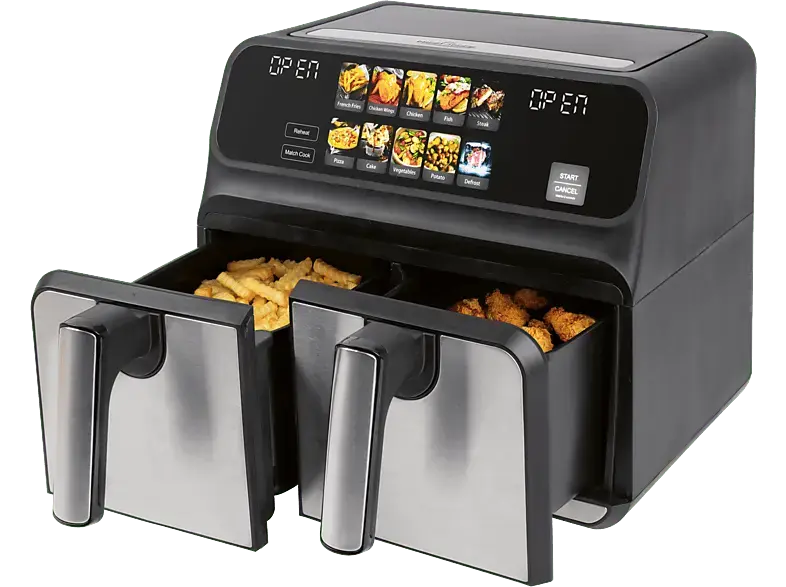 Profi Cook PC-FR 1287 H Öl- und fettfreie Doppel-Heißluft-Fritteuse (8 l, 2200 Watt, Schwarz/Edelstahlfront)