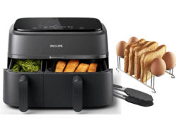 Philips NA350/03 Heißluftfritteuse mit zwei Körben inkl. Frühstücksset (HD9921/00) (9 l, 2750 Watt, Schwarz)