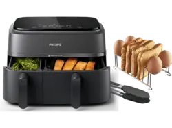 Philips NA350/03 Heißluftfritteuse mit zwei Körben inkl. Frühstücksset (HD9921/00) (9 l, 2750 Watt, Grau)