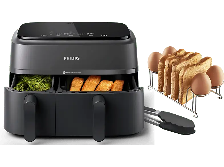 Philips NA350/03 Heißluftfritteuse mit zwei Körben inkl. Frühstücksset (HD9921/00) (9 l, 2750 Watt, Grau)