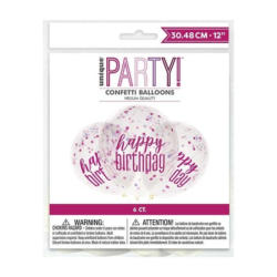 Latexballons Happy Birthday mit Konfettimotiv 6 Stück pink