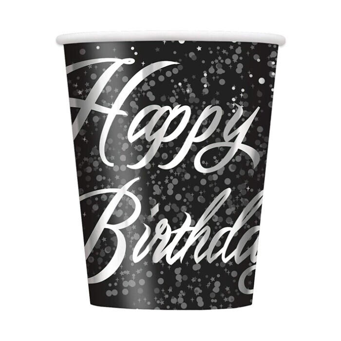 Becher - Sparkling: Happy Birthday, 8 Stück, schwarz/silber