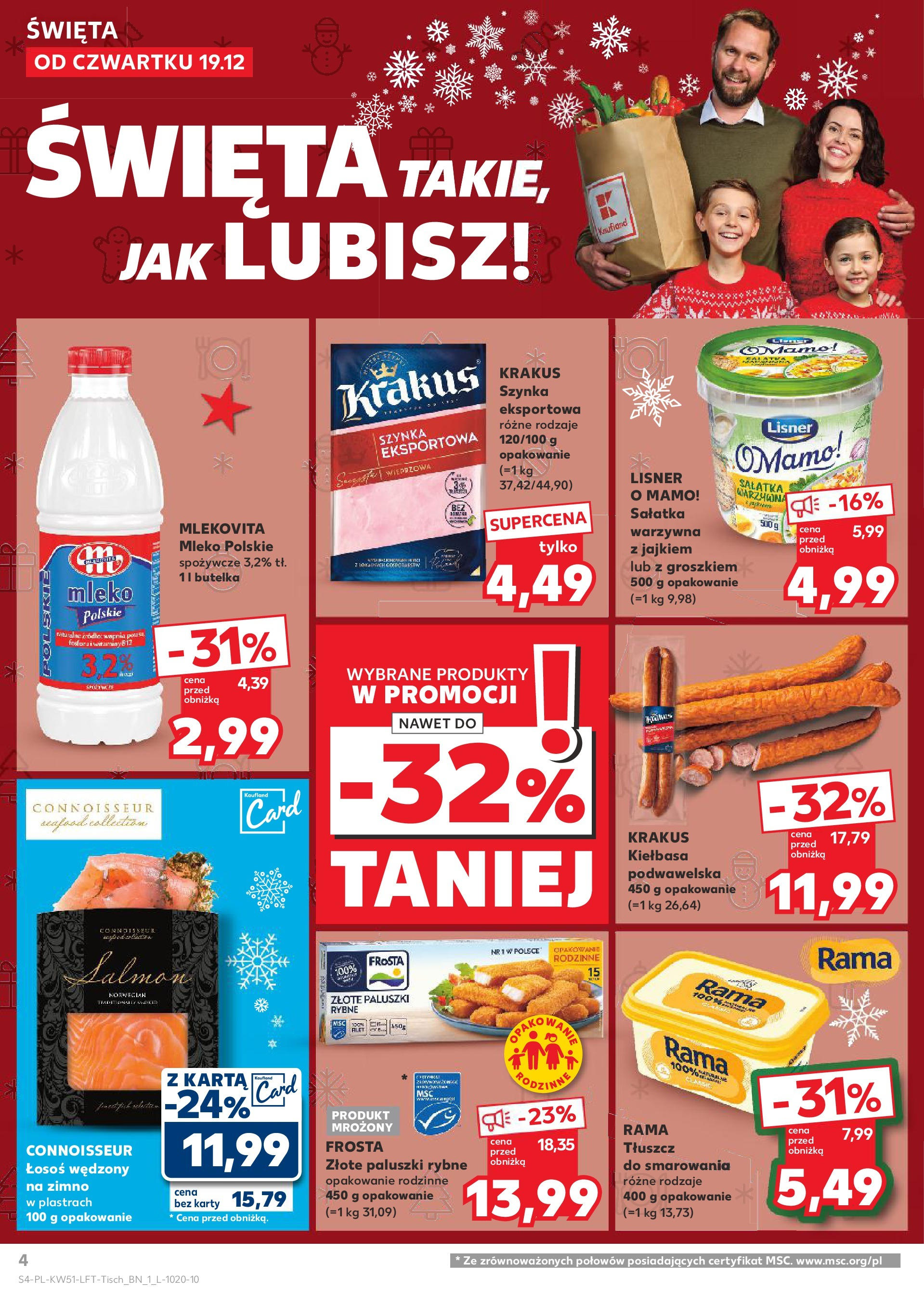 Kaufland gazetka od 19.12.2024 | Boże Narodzenie 🎄🎁 | Strona: 4 | Produkty: Łosoś wędzony, Paluszki rybne, Łosoś, Mleko