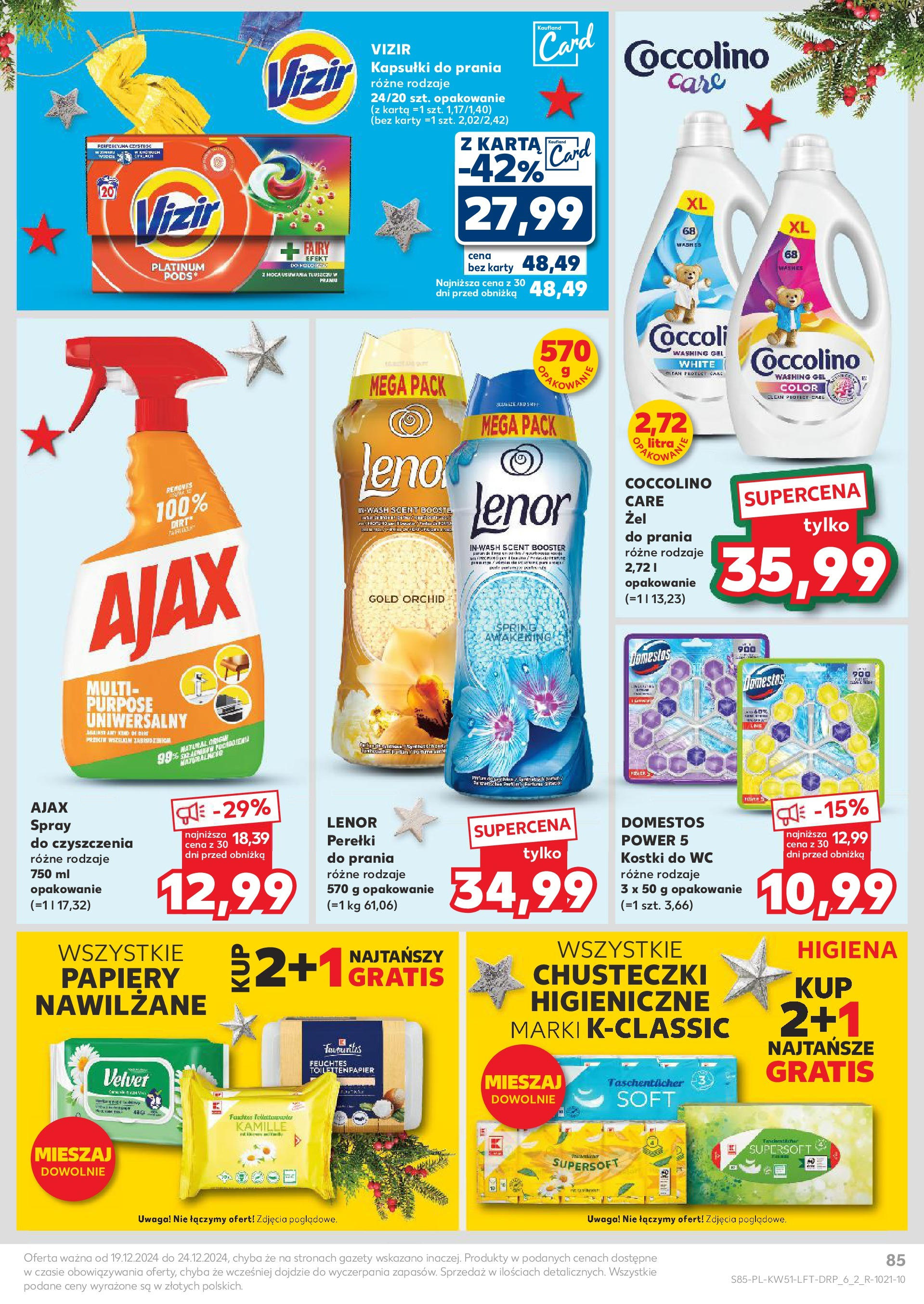 Kaufland gazetka od 19.12.2024 | Boże Narodzenie 🎄🎁 | Strona: 85 | Produkty: Kostki do wc, Coccolino kapsułki, Domestos, Kapsułki do prania