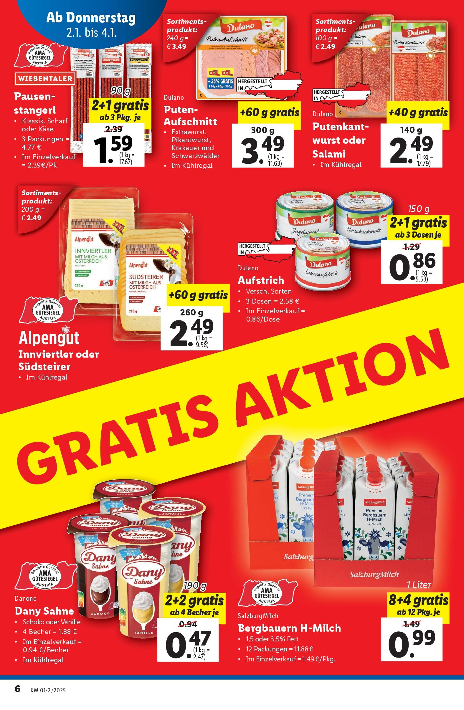 Lidl - Lidl: Flugblatt in deiner Nähe ab 01.01.2025 - Angebote ab donnerstag | Seite: 6 | Produkte: Sahne, Wurst, Käse, Salami