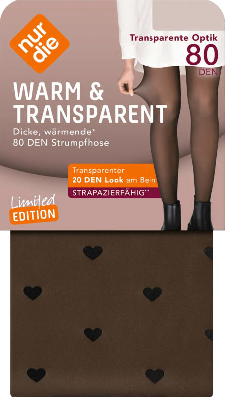 nur die Strumpfhose mit Herz-Muster warm & transparent strapazierfähig schwarz Gr. 38/40, 80 DEN