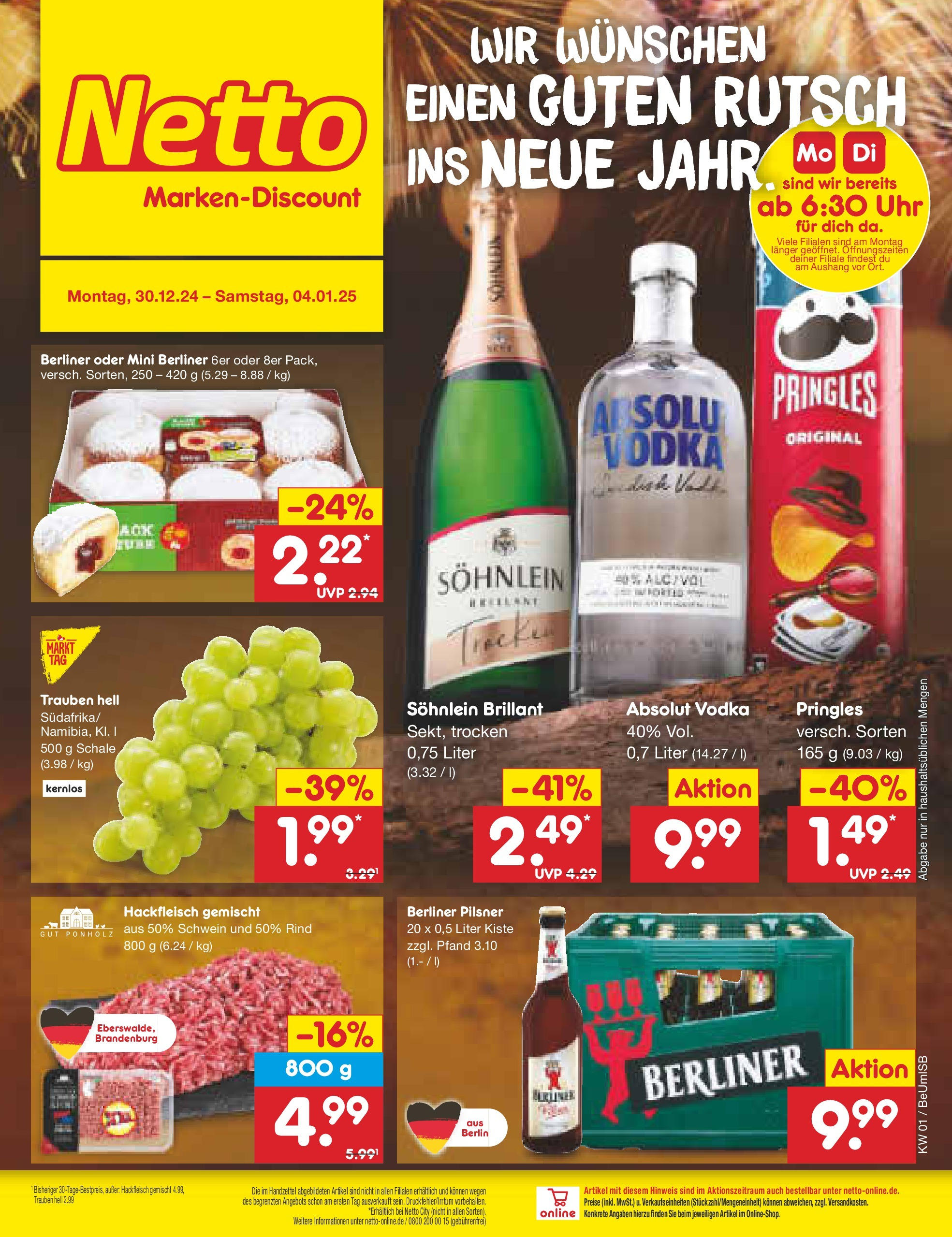 Netto Marken-Discount - Berlin, Corinthstraße 32 (ab 30.12.2024) » Angebote | Seite: 1 | Produkte: Trauben, Uhr, Hackfleisch, Berliner pilsner