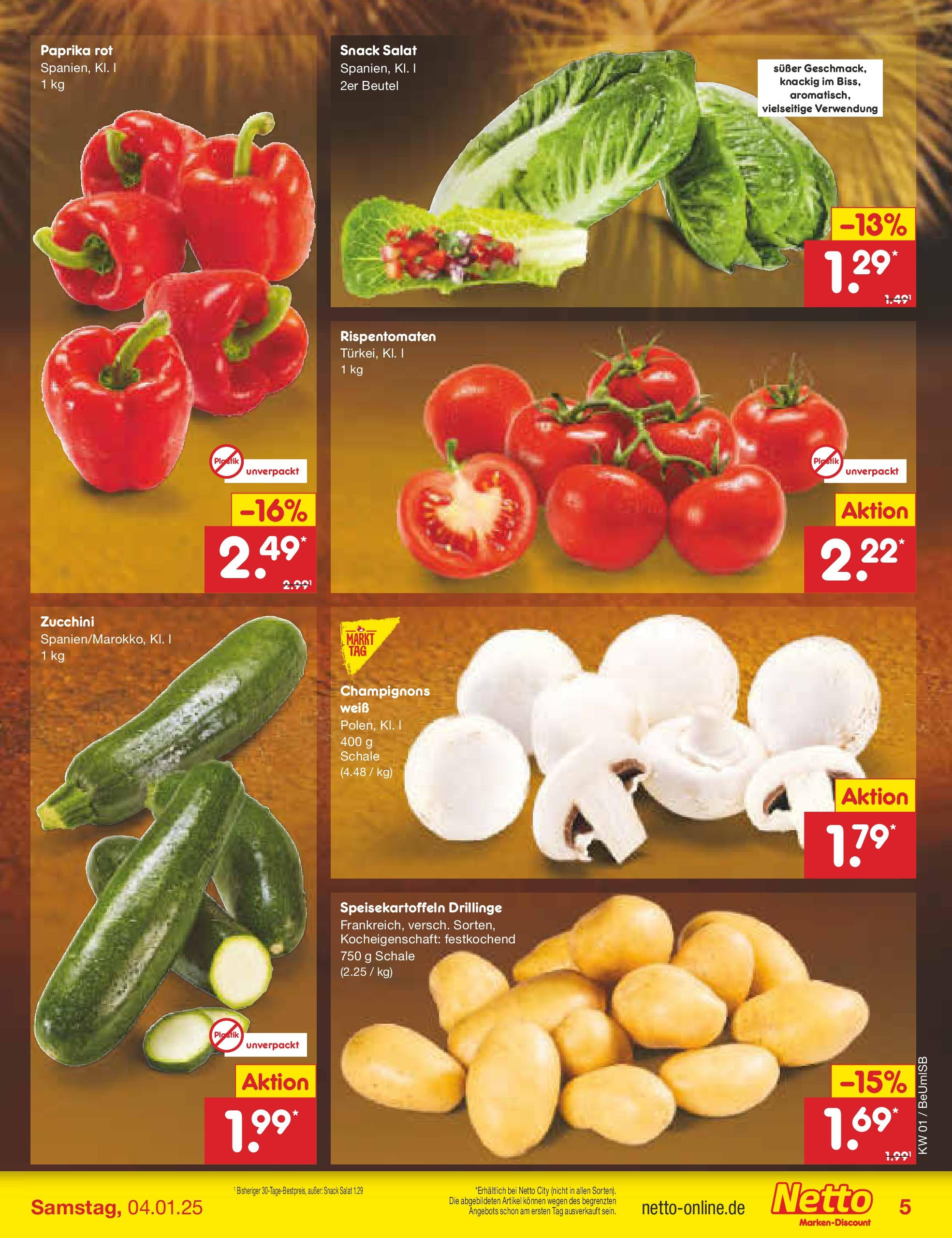 Netto Marken-Discount - Berlin, Corinthstraße 32 (ab 30.12.2024) » Angebote | Seite: 5 | Produkte: Paprika rot, Champignons, Zucchini, Salat