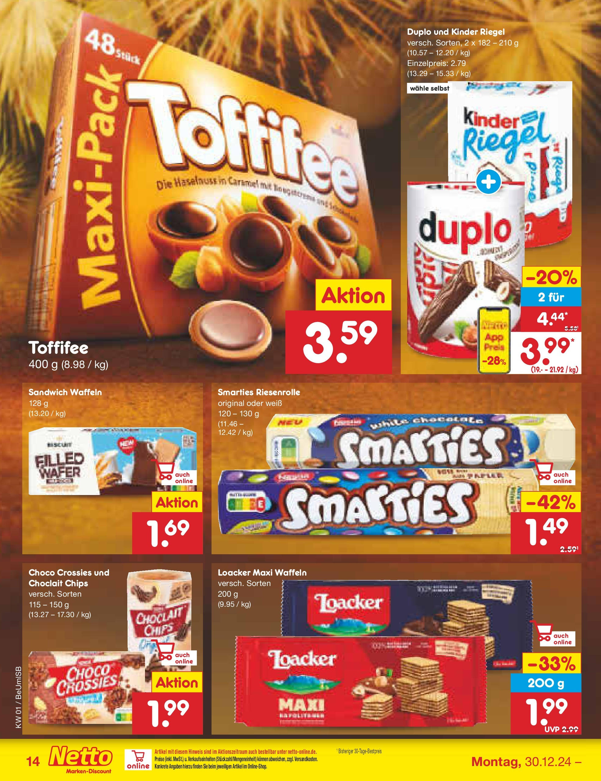 Netto Marken-Discount - Berlin, Corinthstraße 32 (ab 30.12.2024) » Angebote | Seite: 16 | Produkte: Smarties, Waffeln, Toffifee, Chips