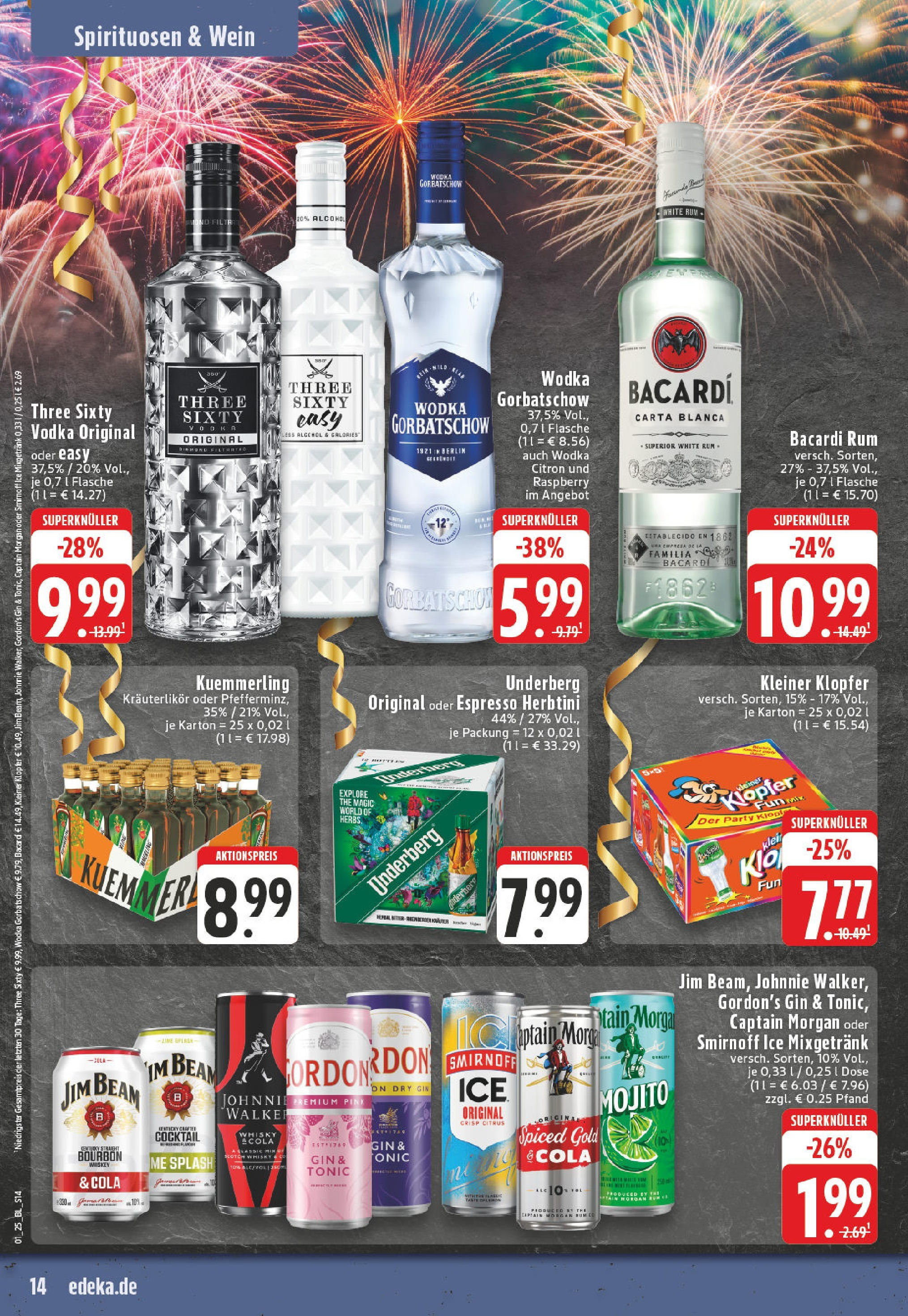 Edeka - EDEKA: Wochenangebote (ab 26.12.2024) » Angebote Online | Seite: 14 | Produkte: Kuemmerling, Smirnoff, Wodka gorbatschow, Gin