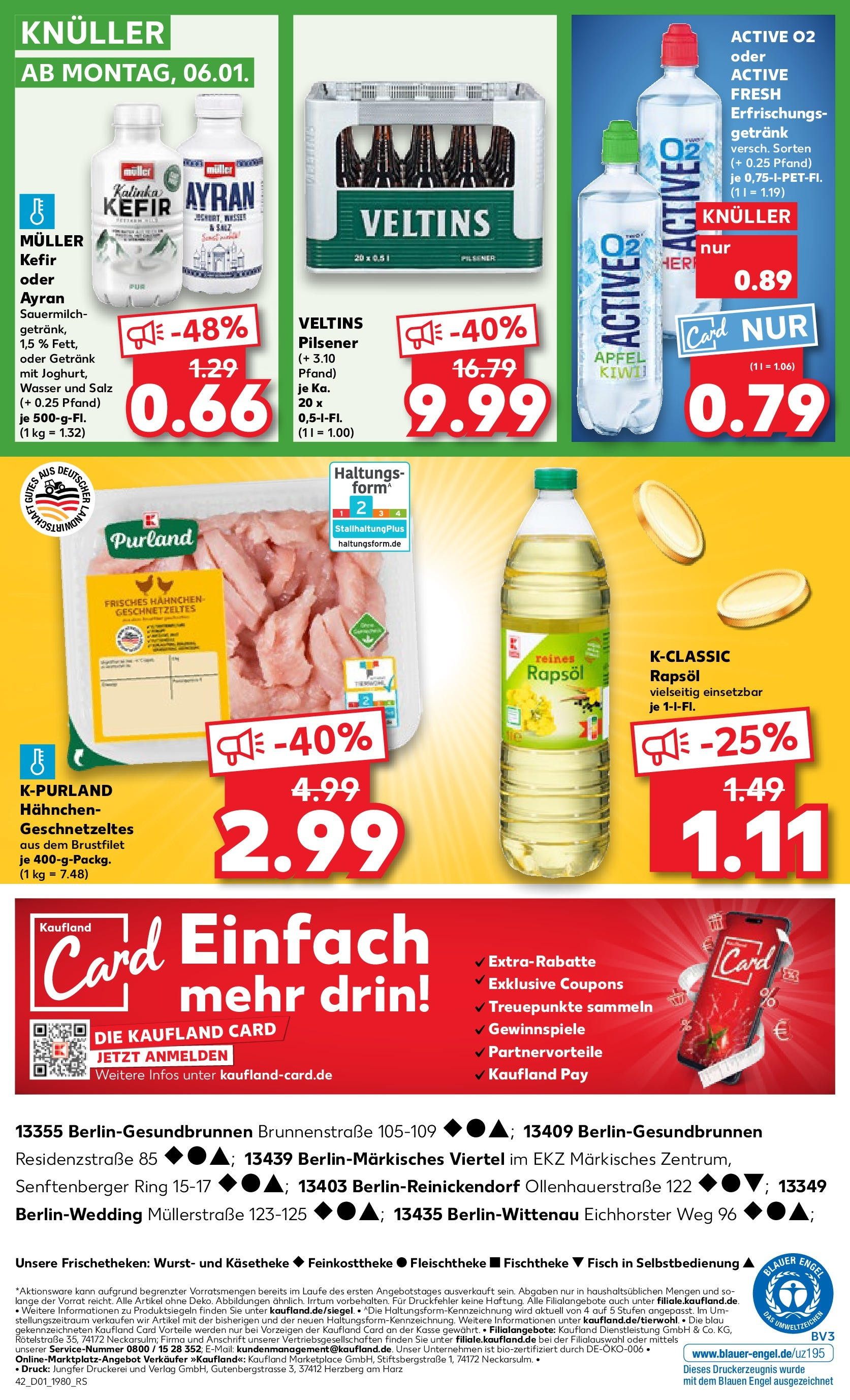 Kaufland - Berlin-Reinickendorf, Ollenhauerstraße 122 (ab 02.01.2025) » Angebote Online zum Blättern | Seite: 42 | Produkte: Hahnchen, Kefir, Rapsöl, Wasser