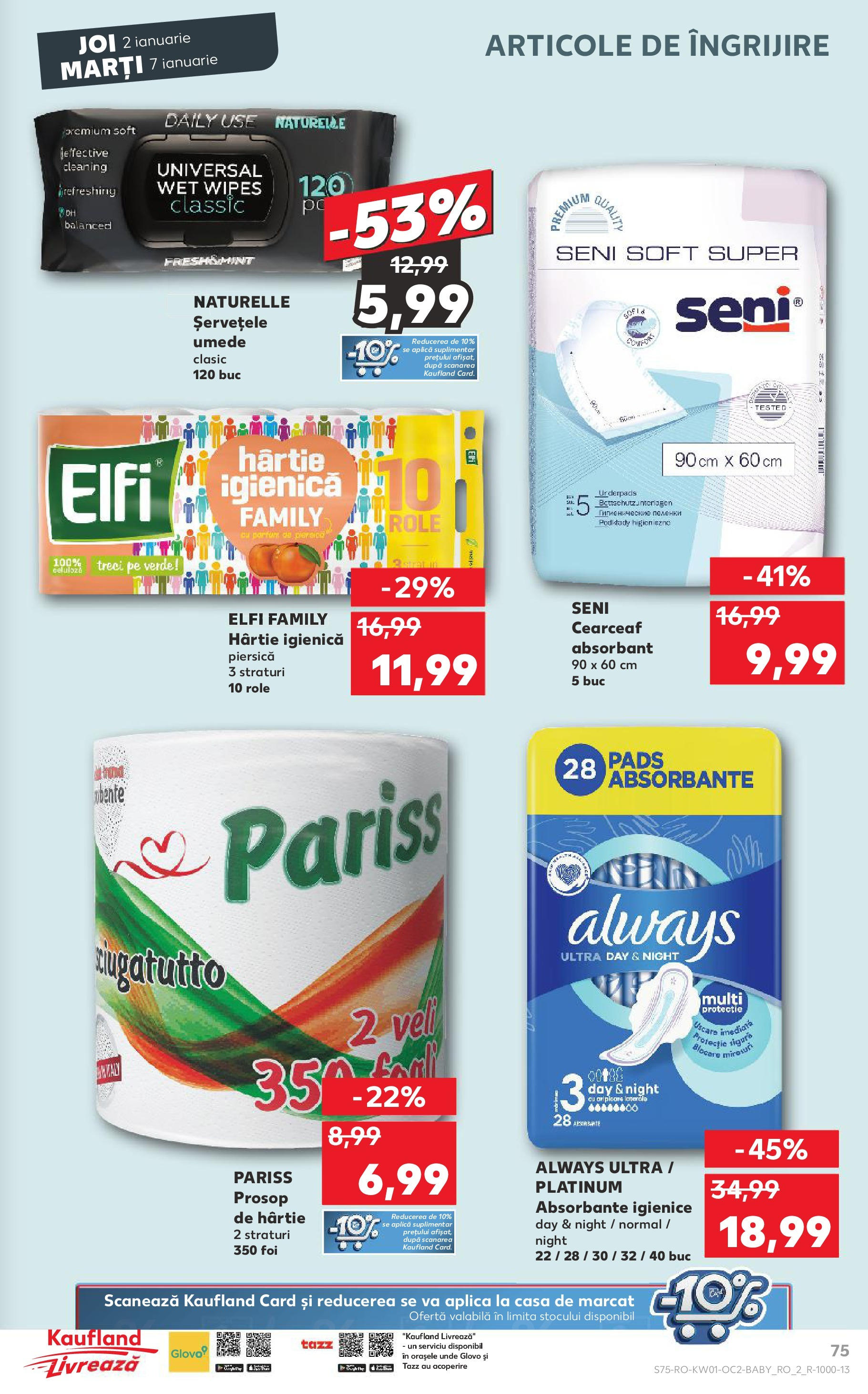 Catalog Kaufland - Bucureşti 02.01.2025 - Revista si Oferta | Pagină: 75 | Produse: Piersică, Role, Parfum, Absorbante