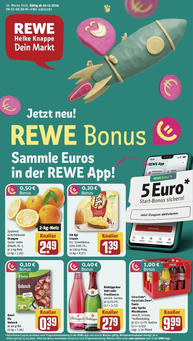 Rewe - Fredersdorf-Vogelsdorf, Brückenstraße 5 (ab 30.12.2024) zum Blättern » Angebote | Seite: 1 | Produkte: Rotkappchen sekt, Sprite, Fruchtsecco, Gulasch