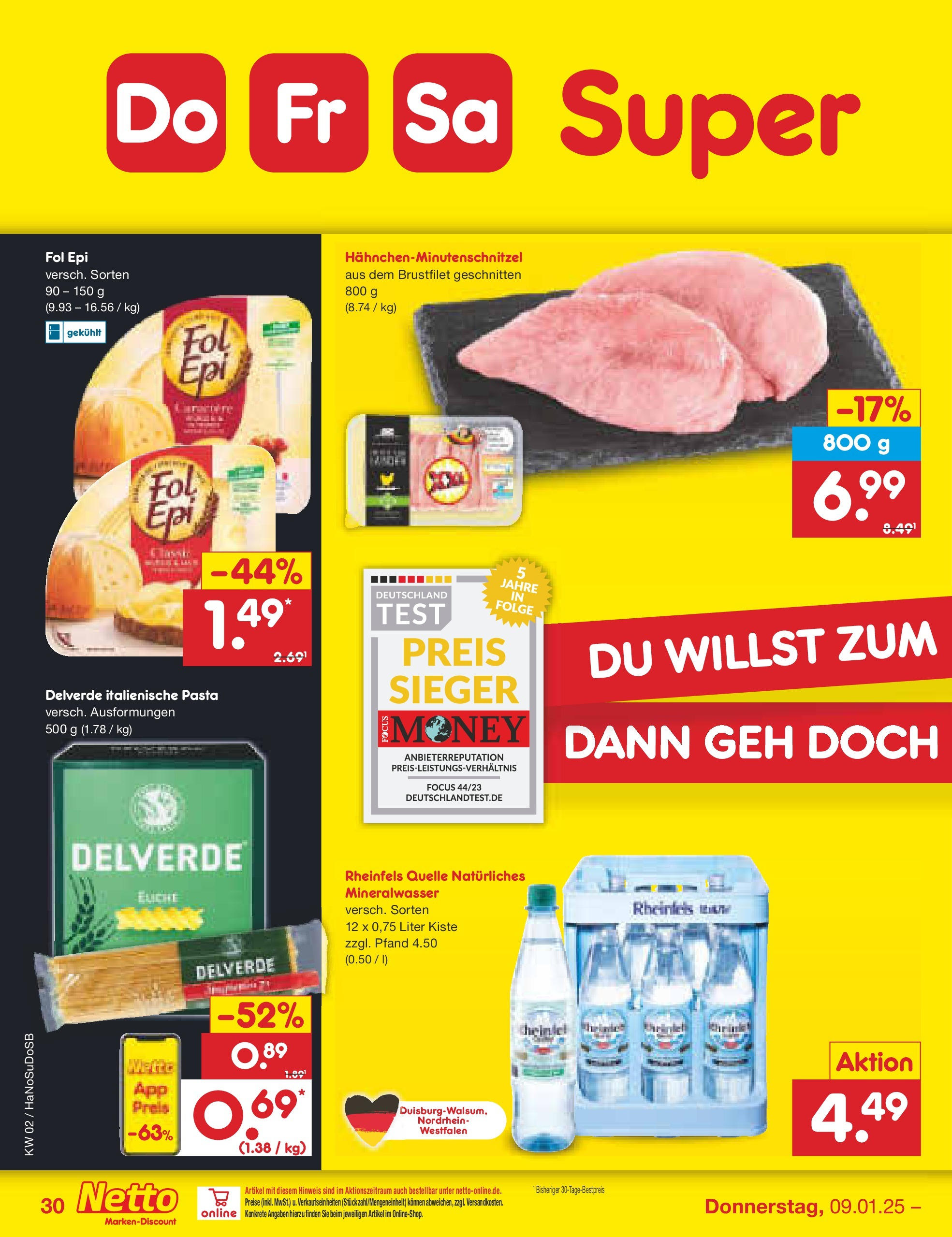 Netto Marken-Discount - Netto: Getränkeangebote (ab 06.01.2025) » Angebote | Seite: 44 | Produkte: Mineralwasser, Pasta, Rheinfels quelle