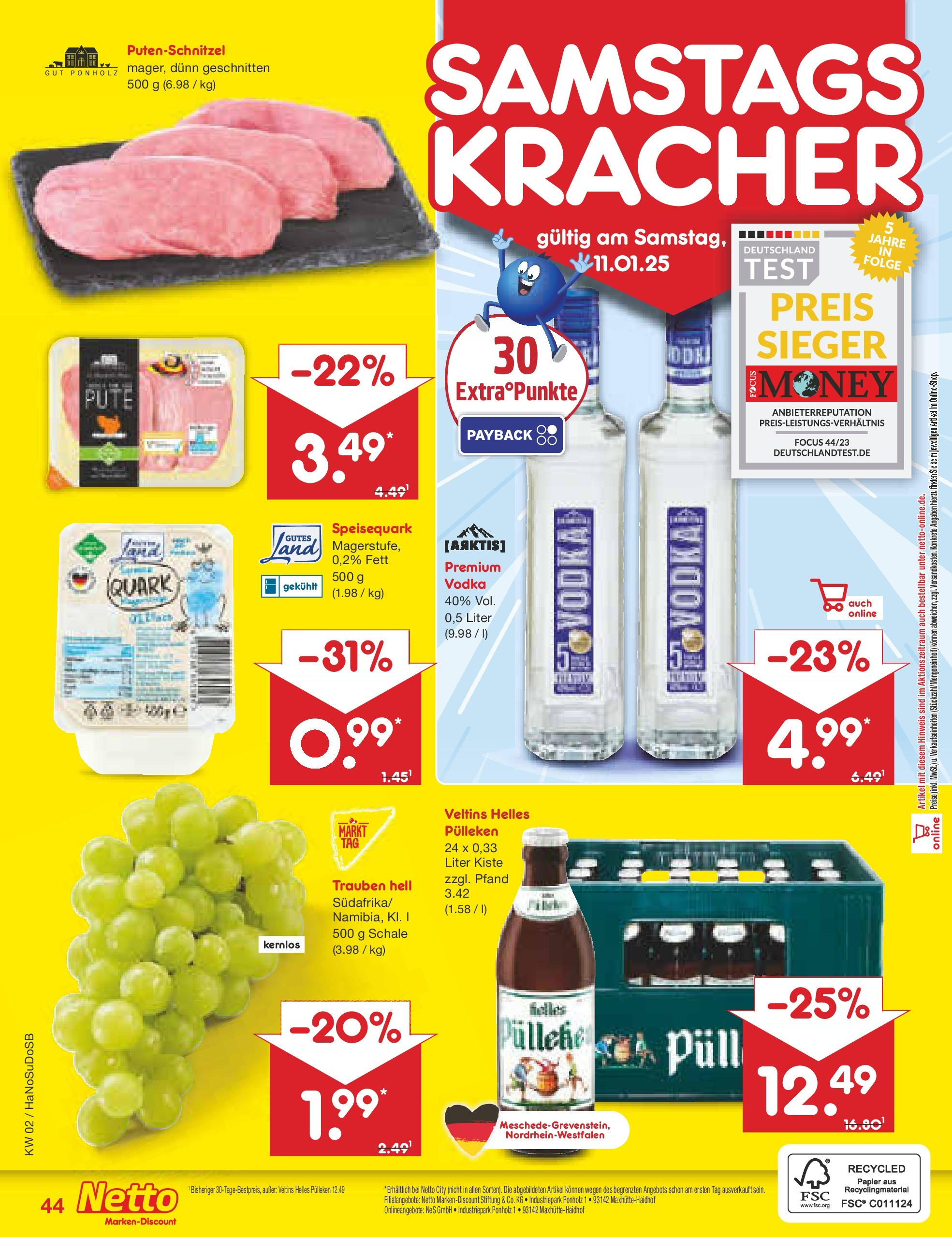 Netto Marken-Discount - Netto: Getränkeangebote (ab 06.01.2025) » Angebote | Seite: 60 | Produkte: Helles pulleken, Pute, Trauben, Putenschnitzel