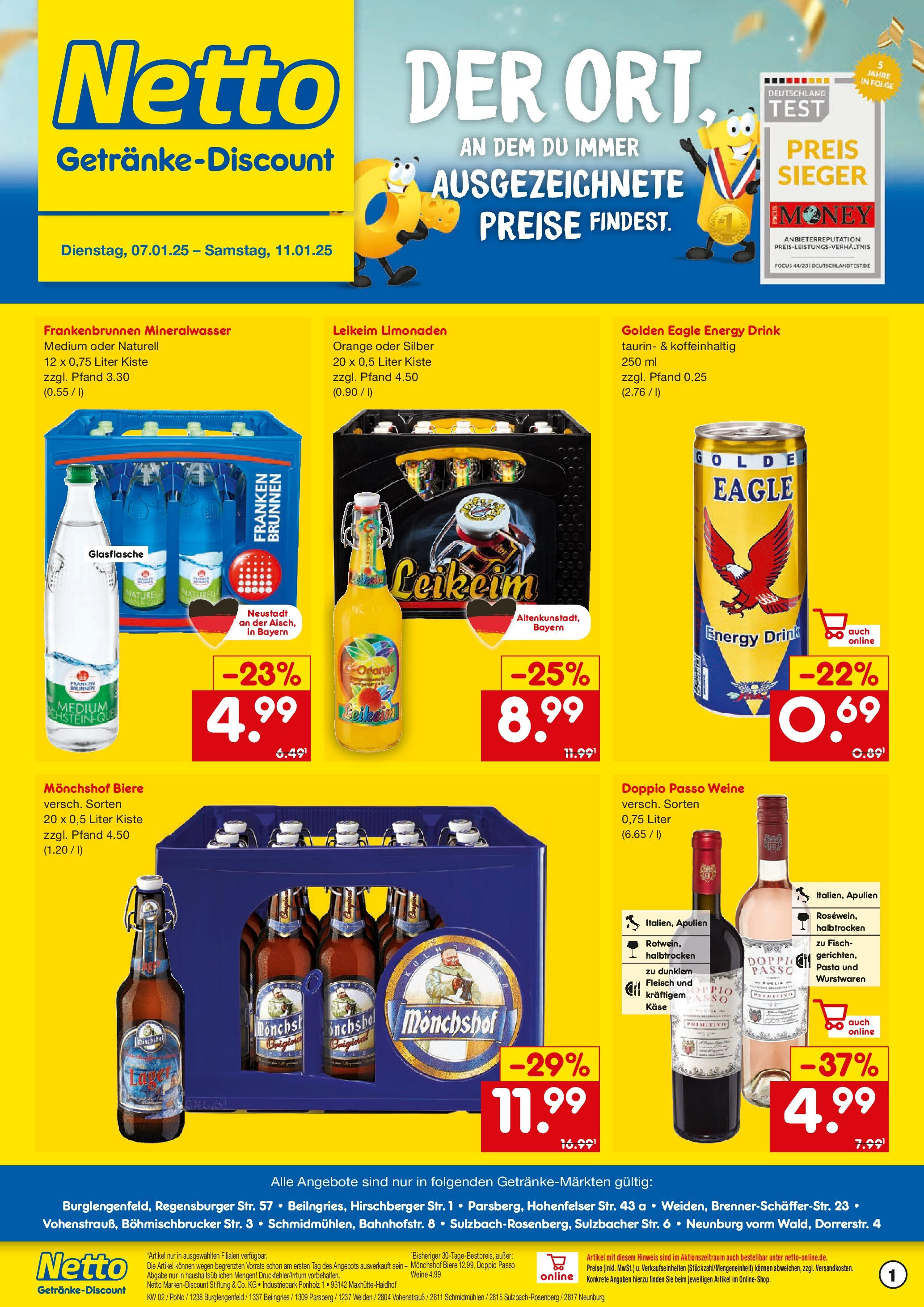 Netto Marken-Discount - Netto: Getränkeangebote (ab 06.01.2025) » Angebote | Seite: 1 | Produkte: Monchshof, Käse, Mineralwasser, Pasta