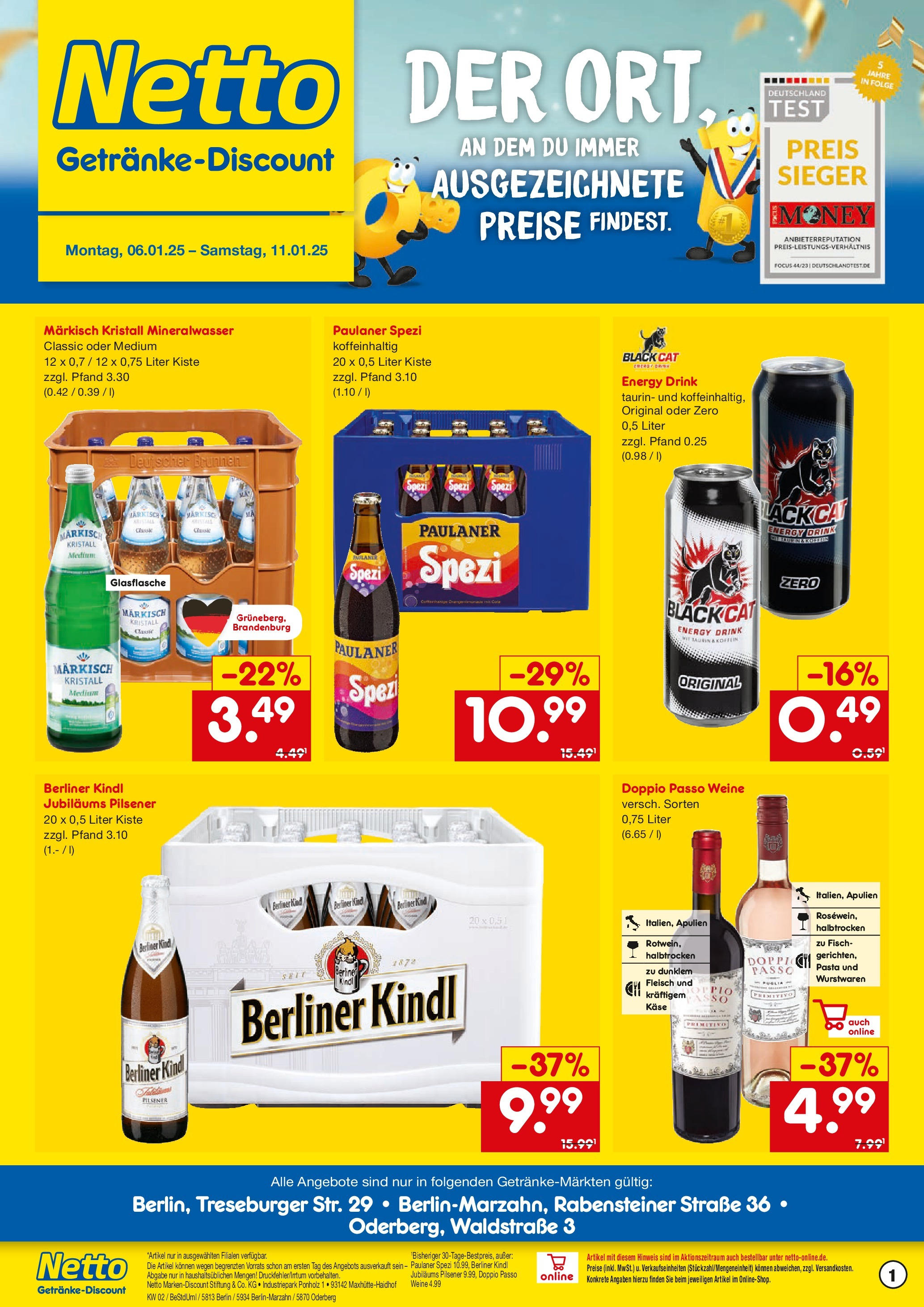 Netto Marken-Discount - Netto: Getränkeangebote (ab 06.01.2025) » Angebote | Seite: 1 | Produkte: Berliner, Energy, Paulaner spezi, Fisch