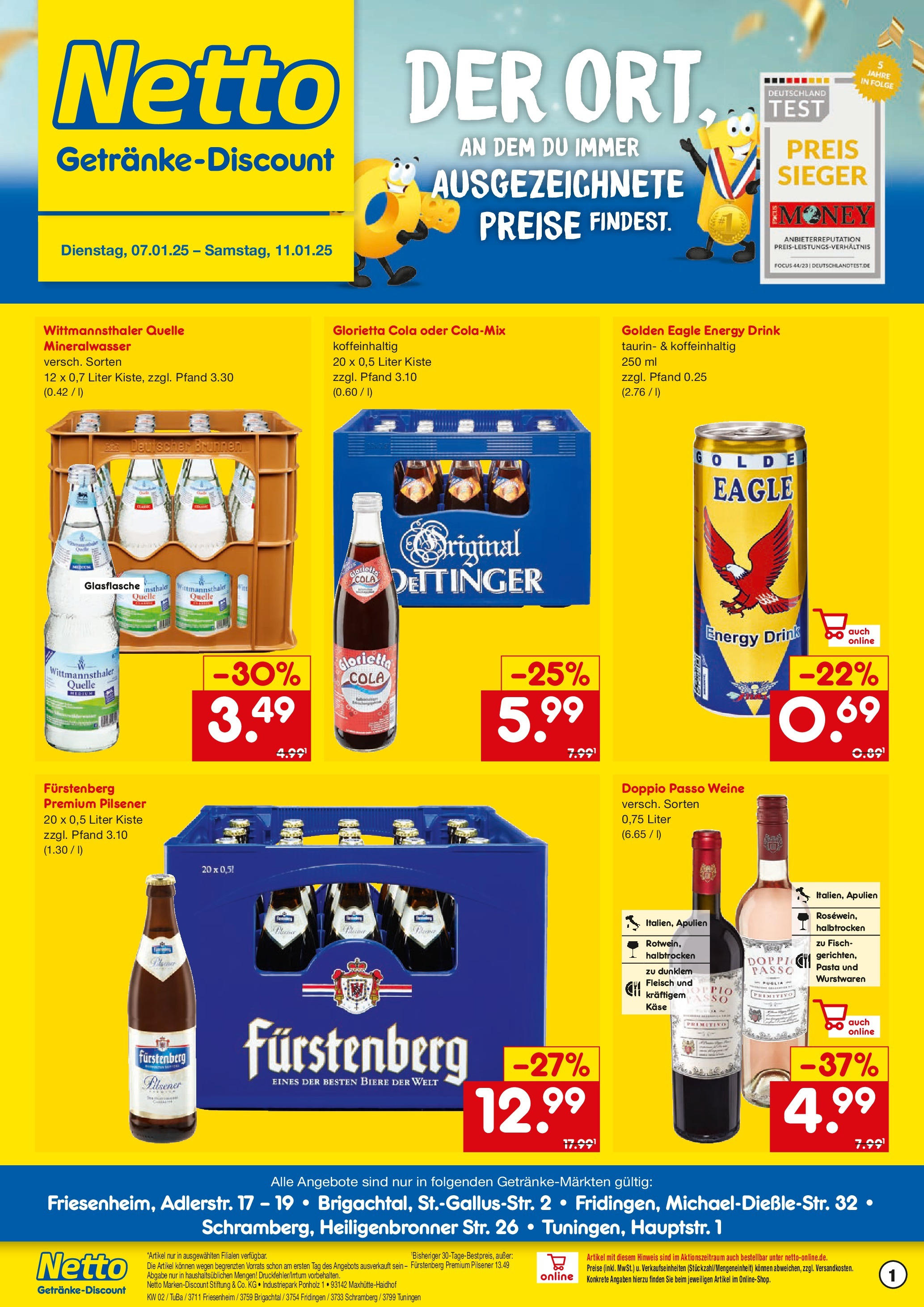 Netto Marken-Discount - Netto: Getränkeangebote (ab 06.01.2025) » Angebote | Seite: 1 | Produkte: Käse, Mineralwasser, Doppio Passo, Fleisch