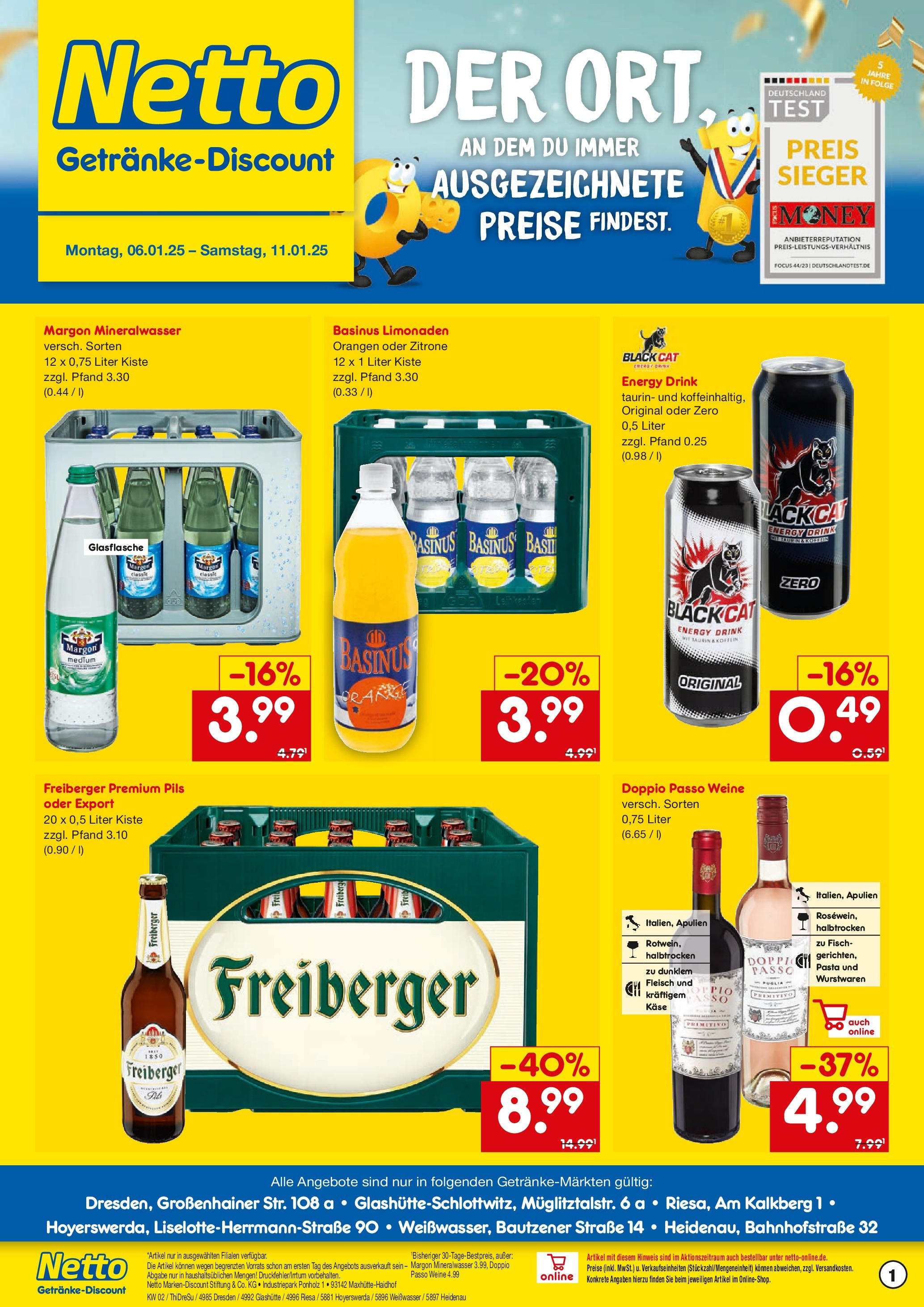 Netto Marken-Discount - Netto: Getränkeangebote (ab 06.01.2025) » Angebote | Seite: 1 | Produkte: Orangen, Fisch, Doppio Passo, Pasta