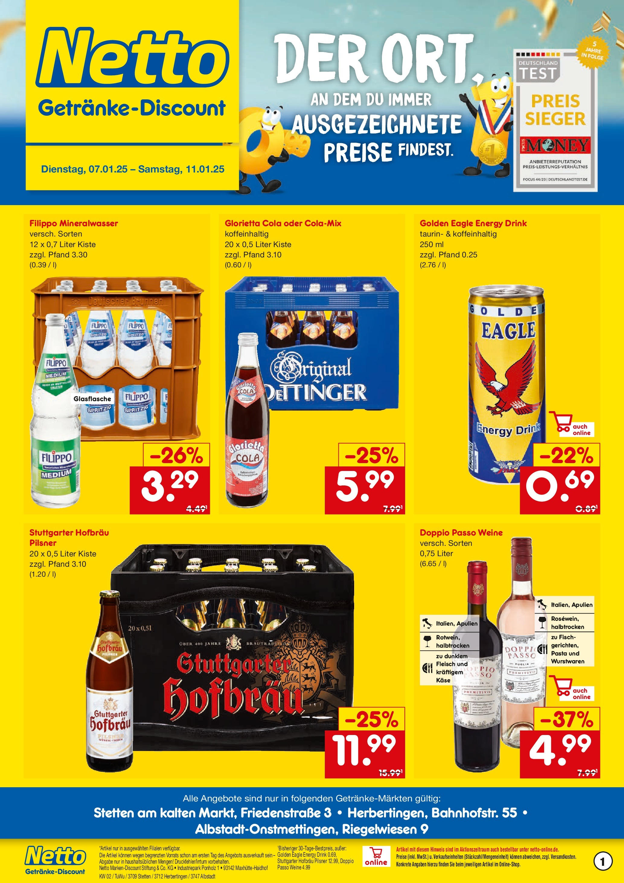 Netto Marken-Discount - Netto: Getränkeangebote (ab 06.01.2025) » Angebote | Seite: 1 | Produkte: Energy, Mineralwasser, Fisch, Doppio Passo