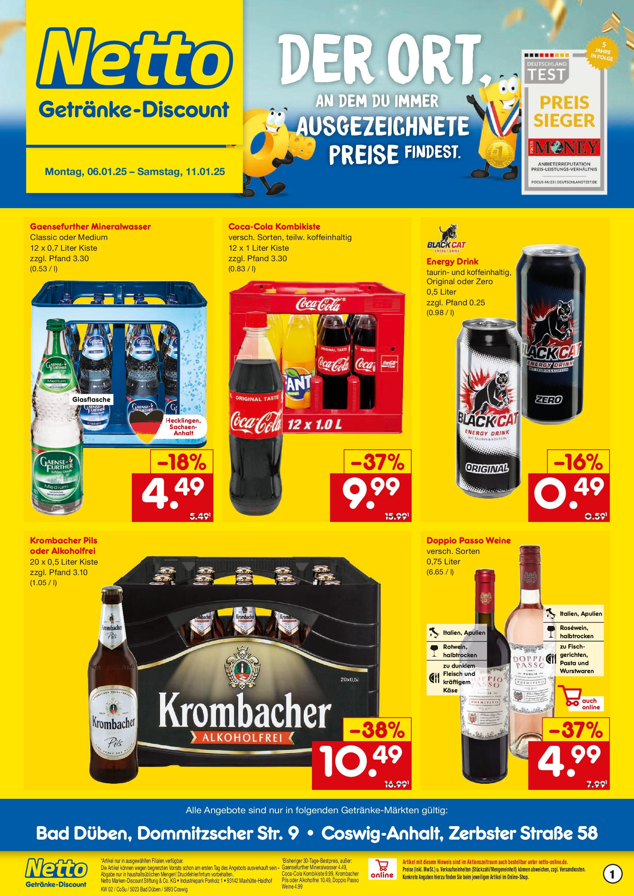 Netto Marken-Discount - Netto: Getränkeangebote (ab 06.01.2025) » Angebote | Seite: 1 | Produkte: Cola, Käse, Pils, Mineralwasser