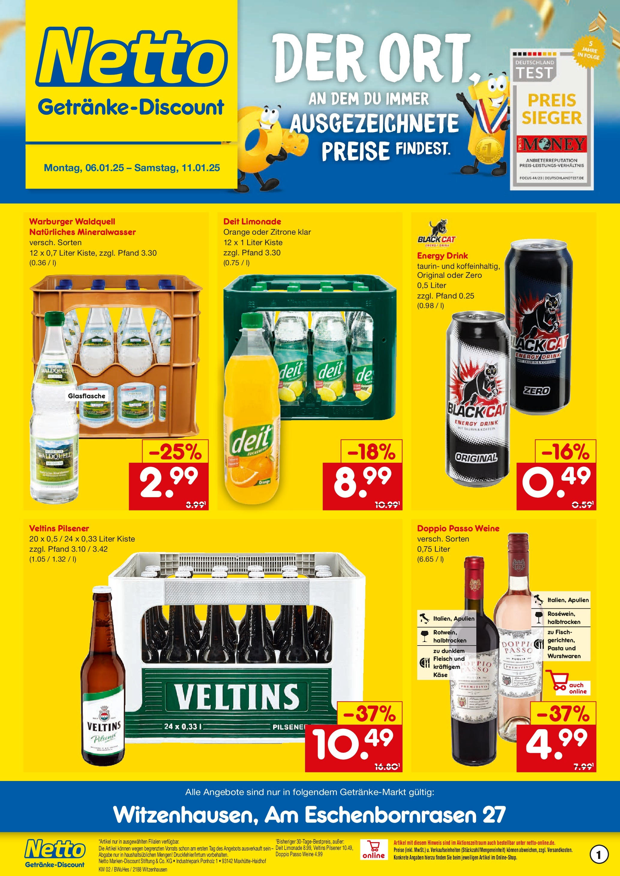 Netto Marken-Discount - Netto: Getränkeangebote (ab 06.01.2025) » Angebote | Seite: 1 | Produkte: Energy, Käse, Fisch, Doppio Passo