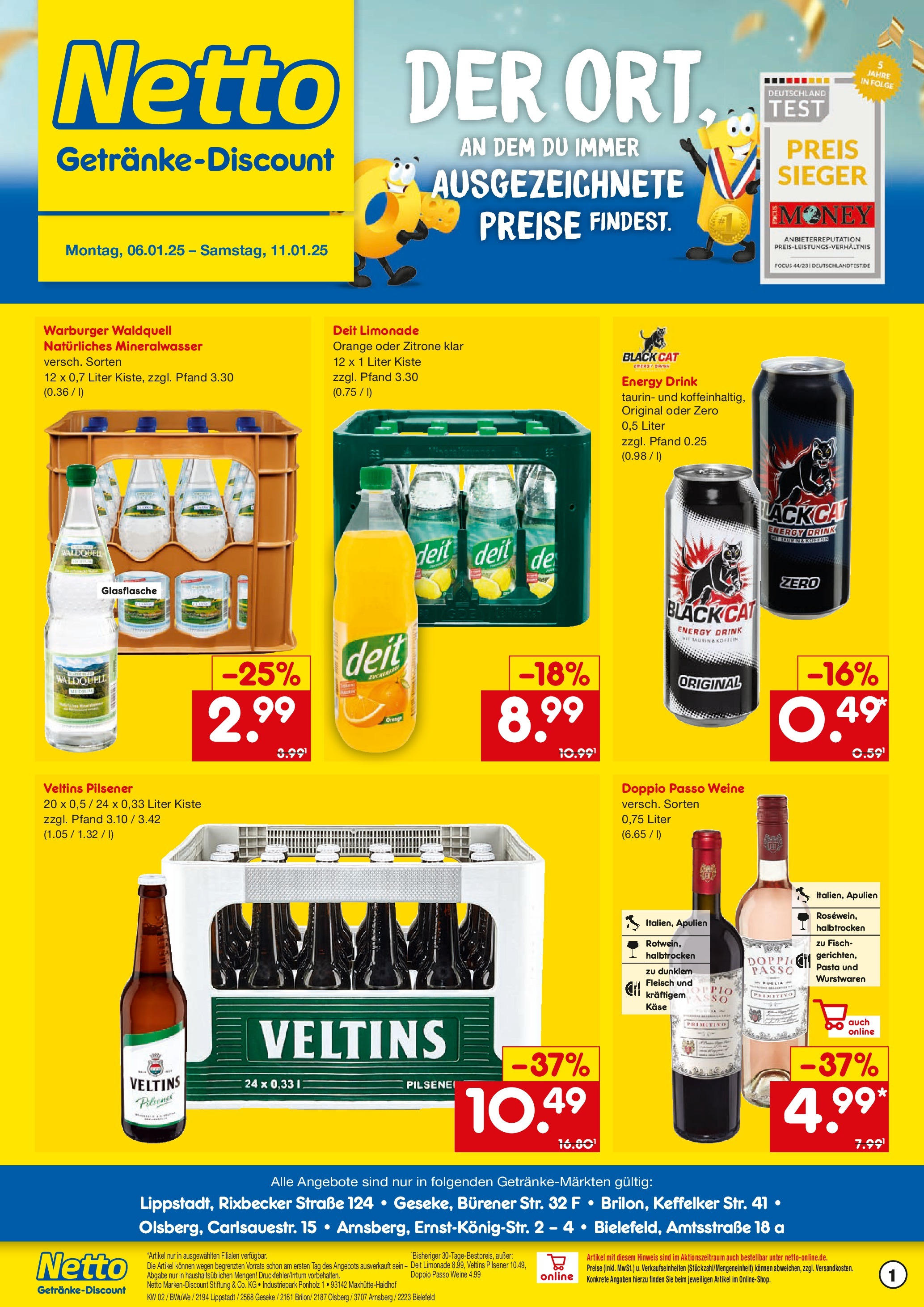 Netto Marken-Discount - Netto: Getränkeangebote (ab 06.01.2025) » Angebote | Seite: 1 | Produkte: Energy, Mineralwasser, Zitrone, Doppio Passo