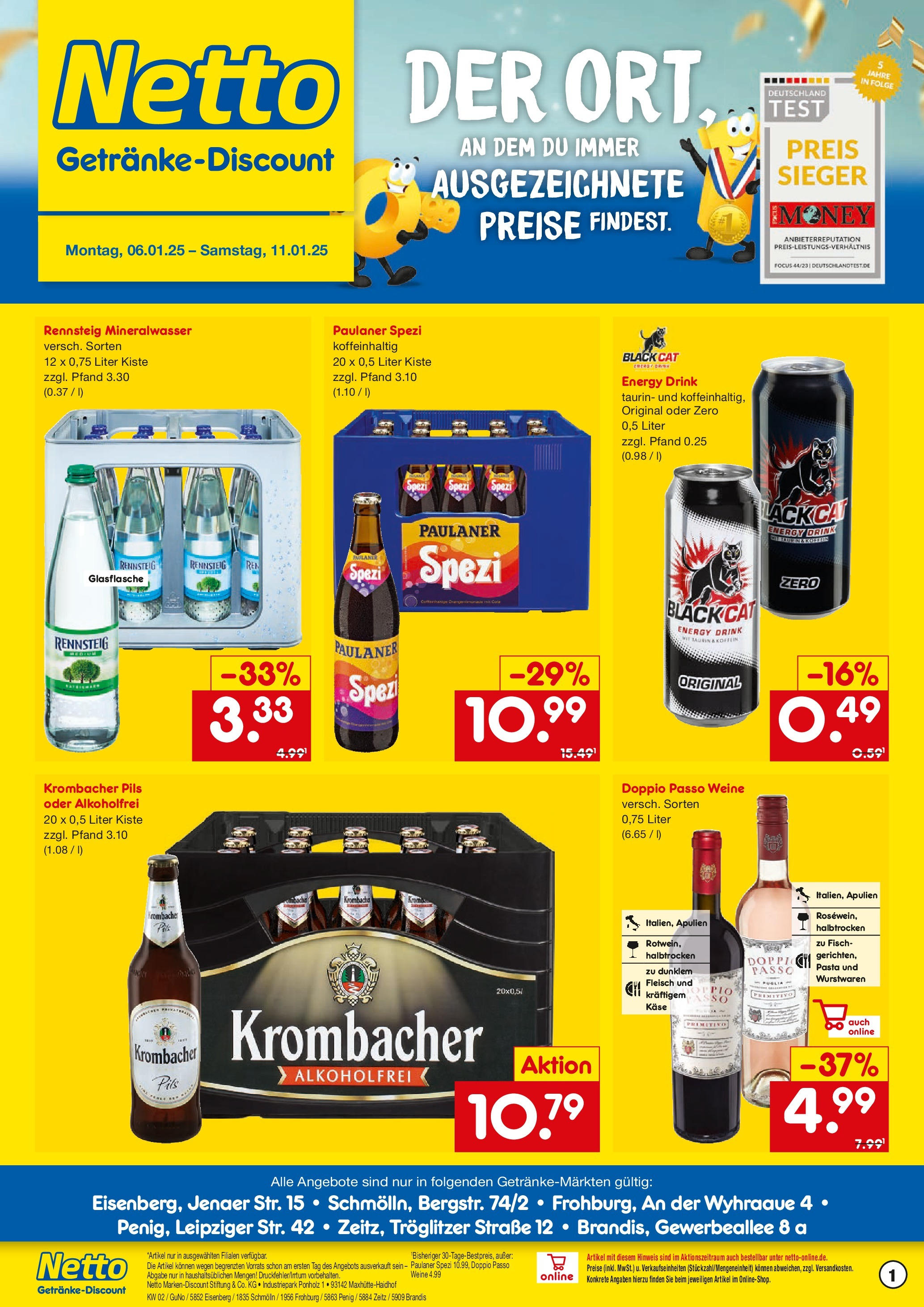 Netto Marken-Discount - Netto: Getränkeangebote (ab 06.01.2025) » Angebote | Seite: 1 | Produkte: Doppio Passo, Krombacher, Fleisch, Paulaner