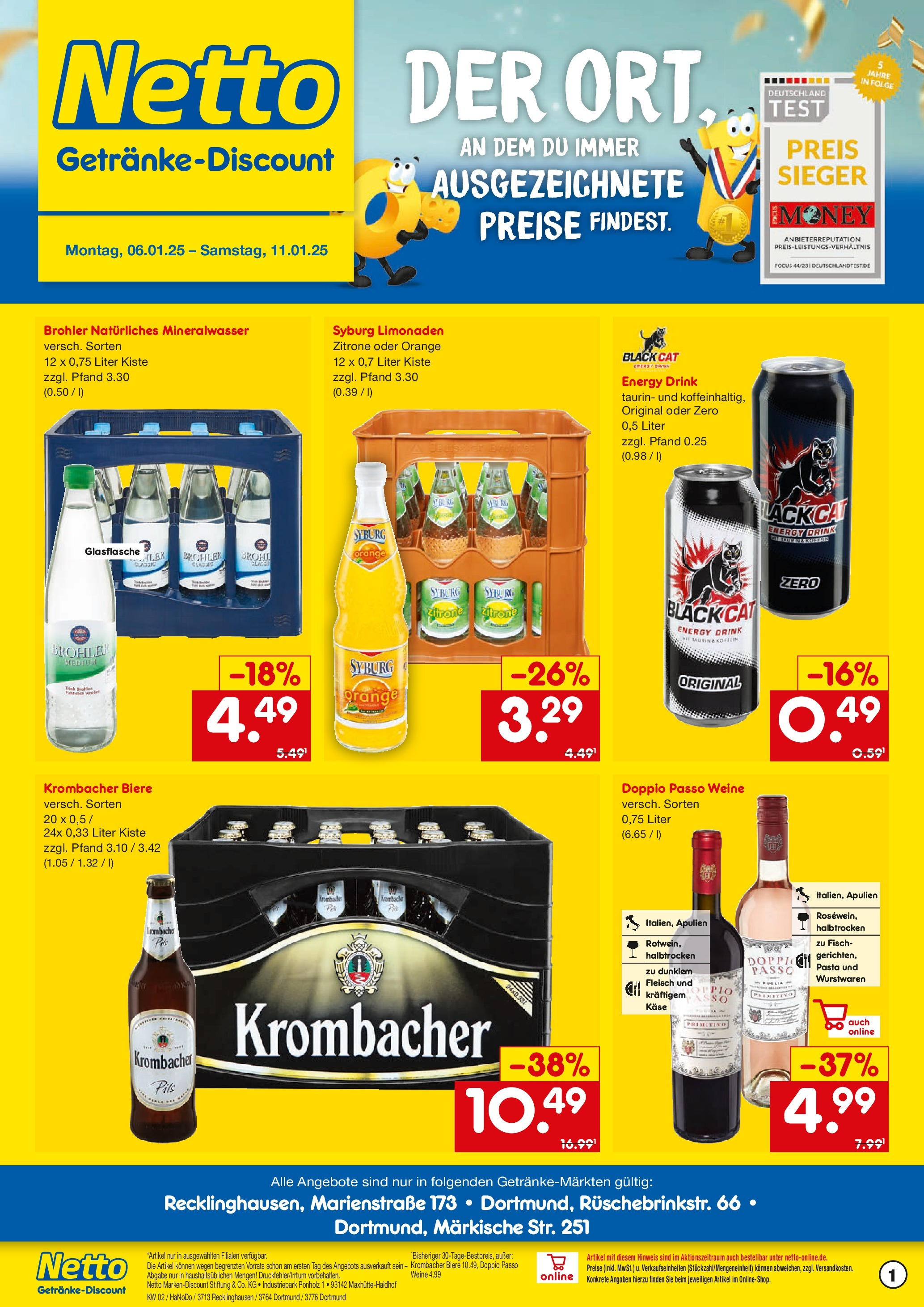 Netto Marken-Discount - Netto: Getränkeangebote (ab 06.01.2025) » Angebote | Seite: 1 | Produkte: Zitrone, Doppio Passo, Pasta, Fleisch