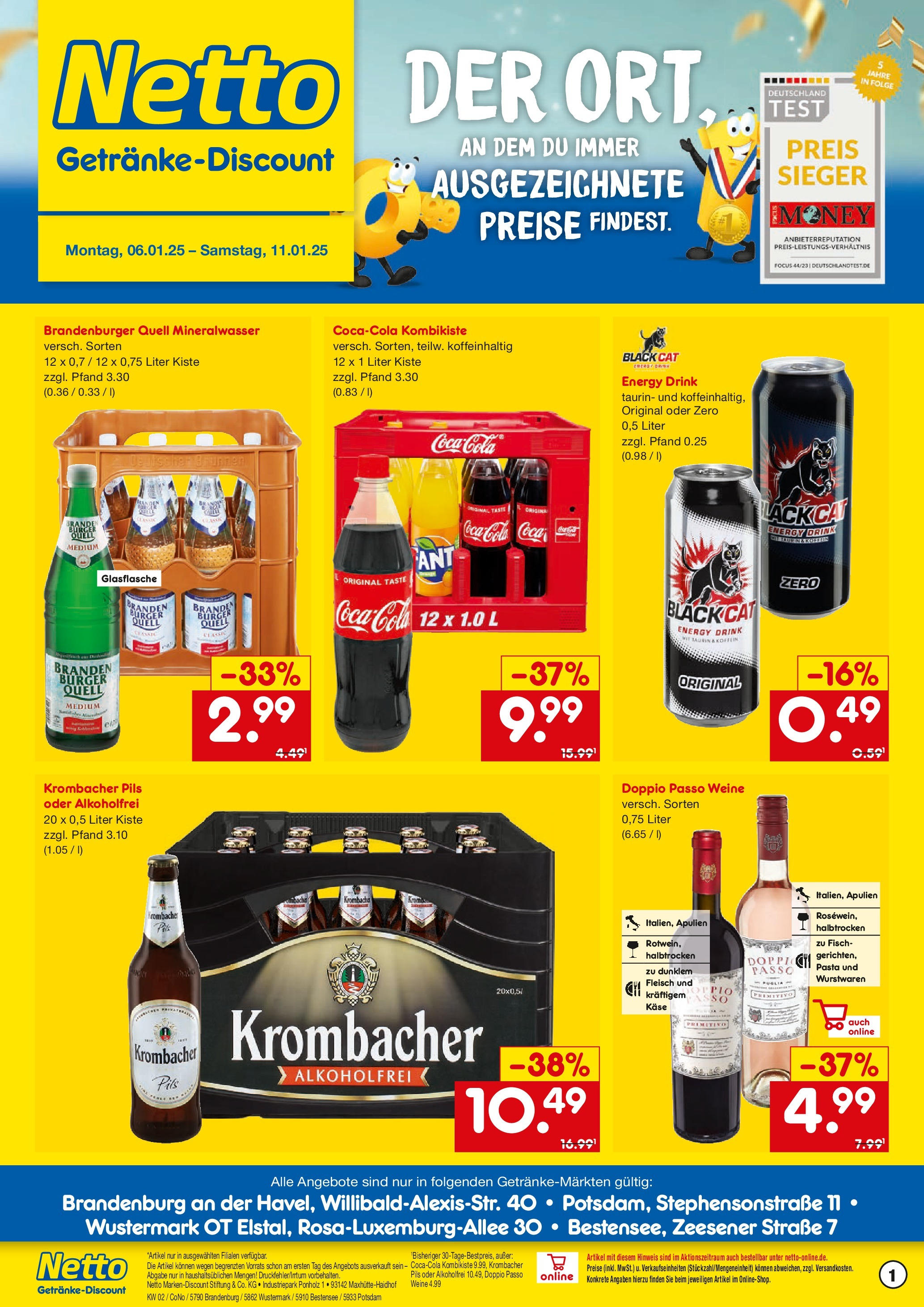 Netto Marken-Discount - Netto: Getränkeangebote (ab 06.01.2025) » Angebote | Seite: 1 | Produkte: Coca cola, Pils, Mineralwasser, Krombacher