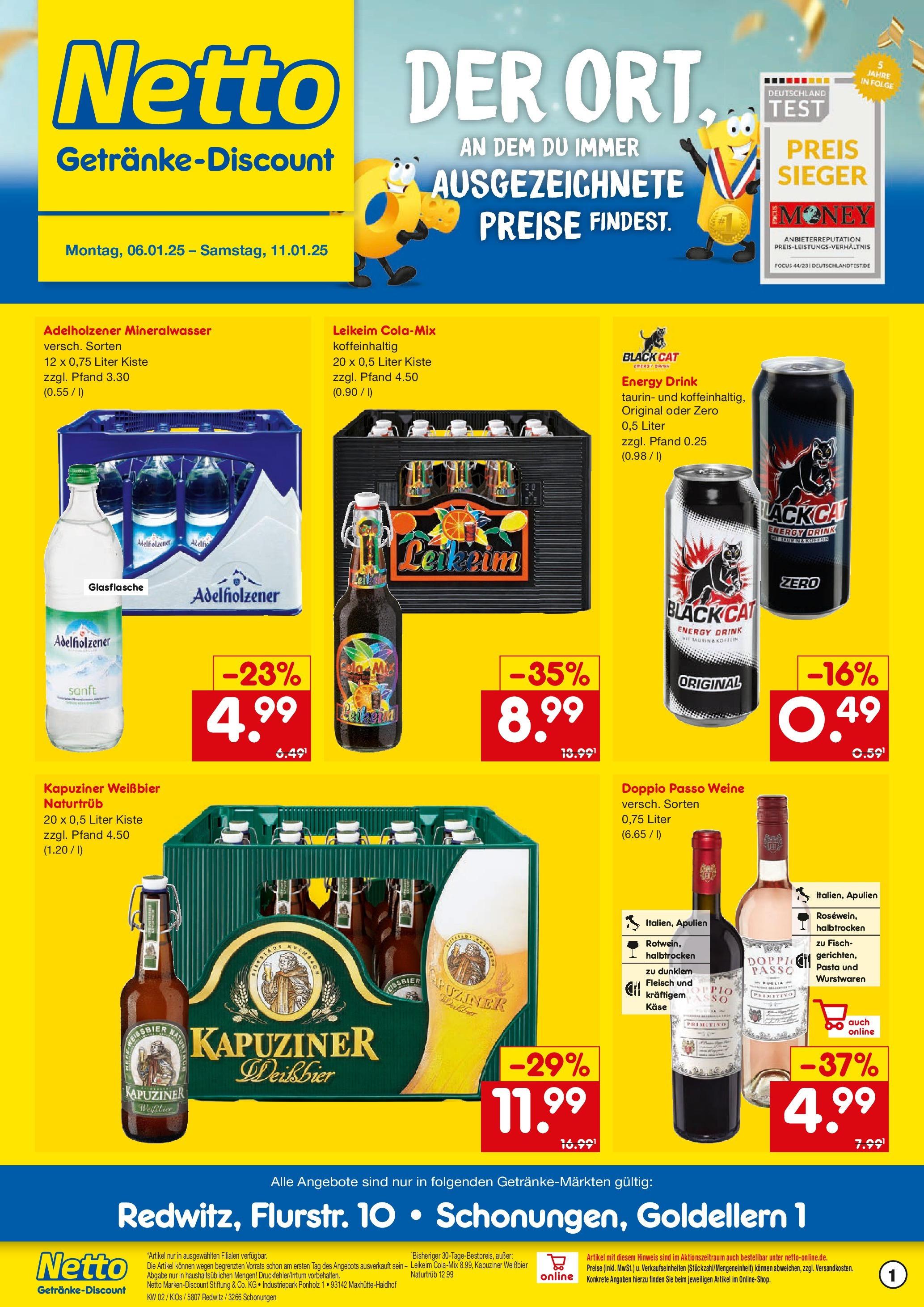 Netto Marken-Discount - Netto: Getränkeangebote (ab 06.01.2025) » Angebote | Seite: 1 | Produkte: Weißbier, Adelholzener, Mineralwasser, Fleisch