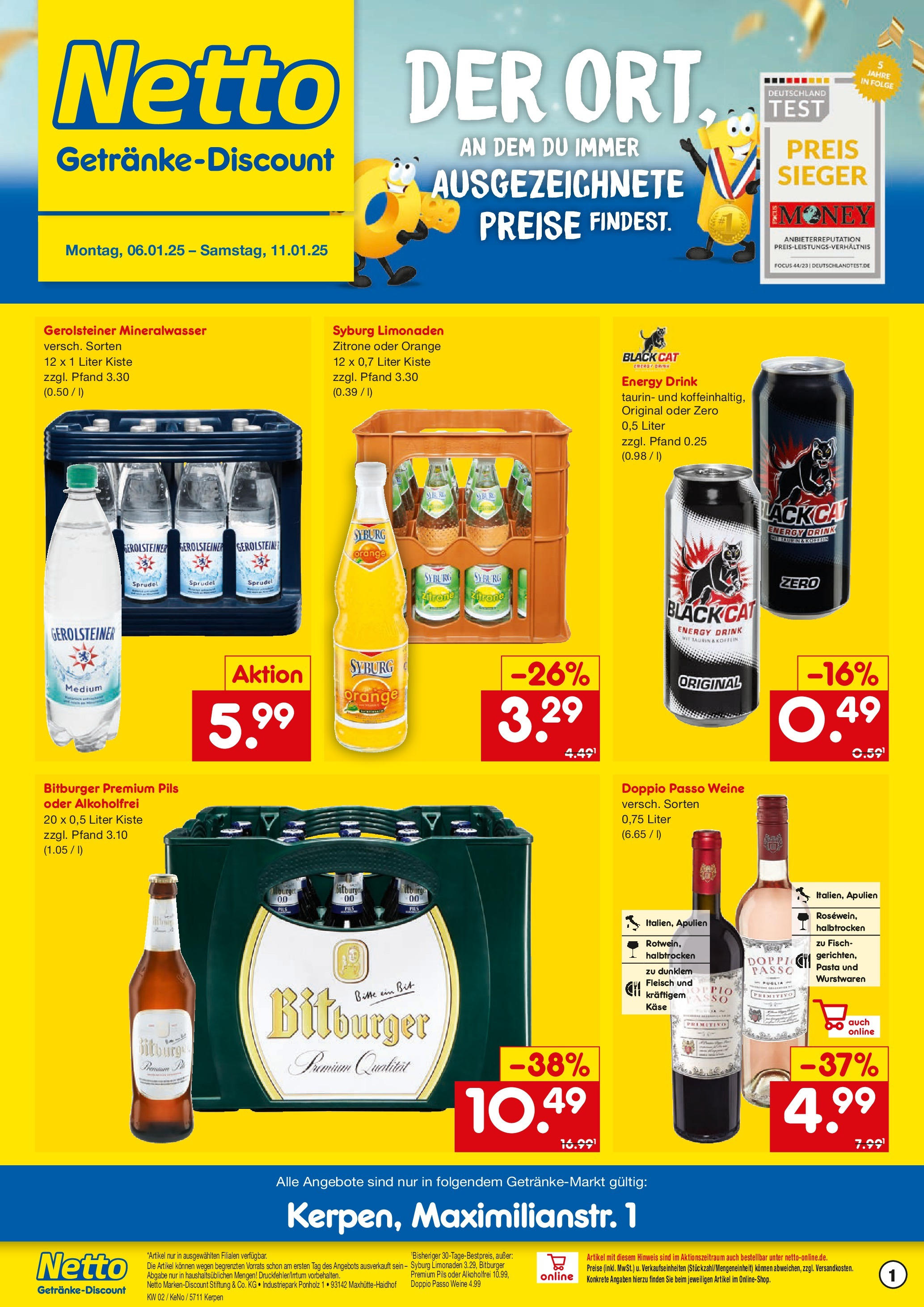 Netto Marken-Discount - Netto: Getränkeangebote (ab 06.01.2025) » Angebote | Seite: 1 | Produkte: Energy, Käse, Pils, Mineralwasser