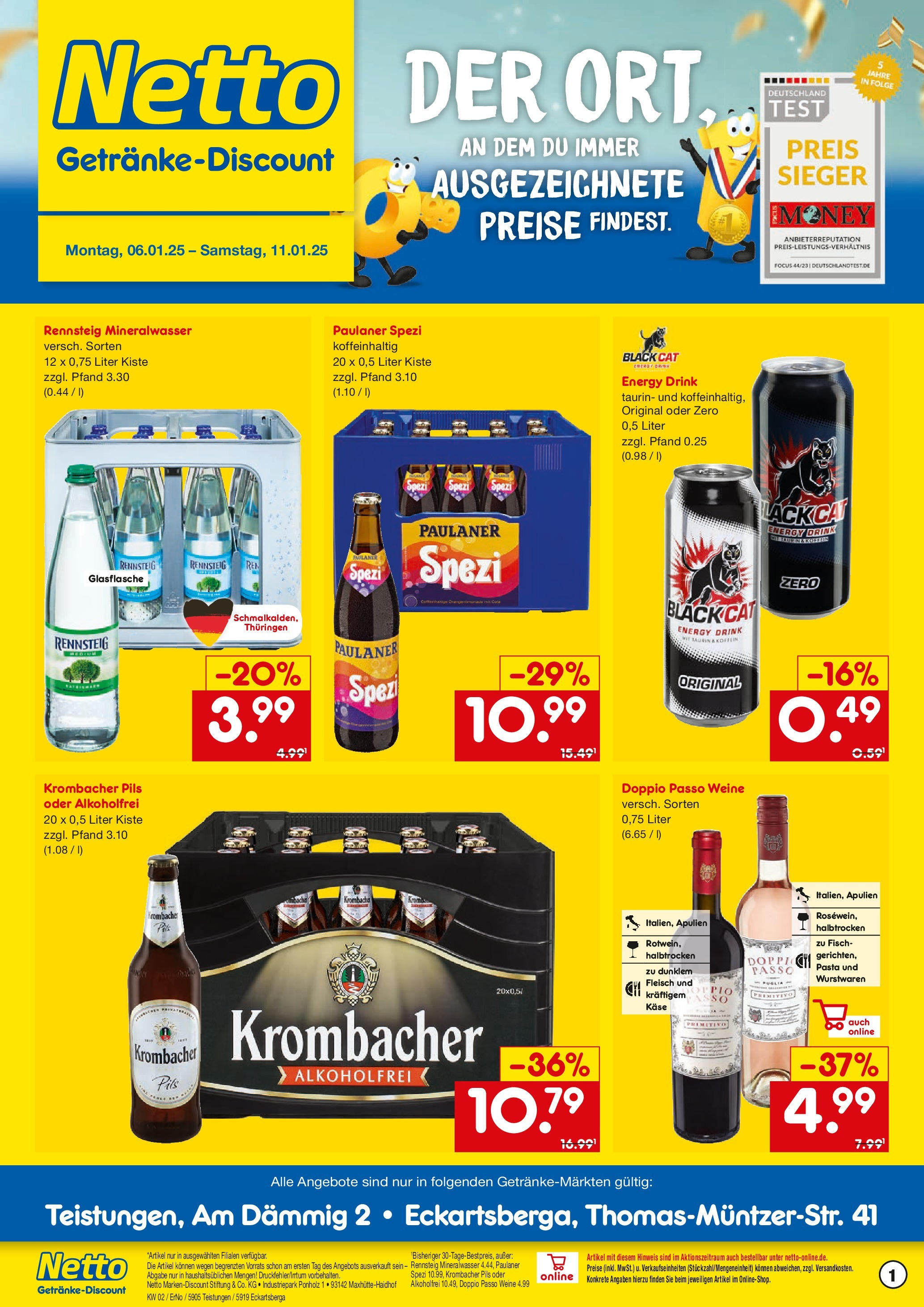 Netto Marken-Discount - Netto: Getränkeangebote (ab 06.01.2025) » Angebote | Seite: 1 | Produkte: Paulaner spezi, Doppio Passo, Fleisch, Paulaner