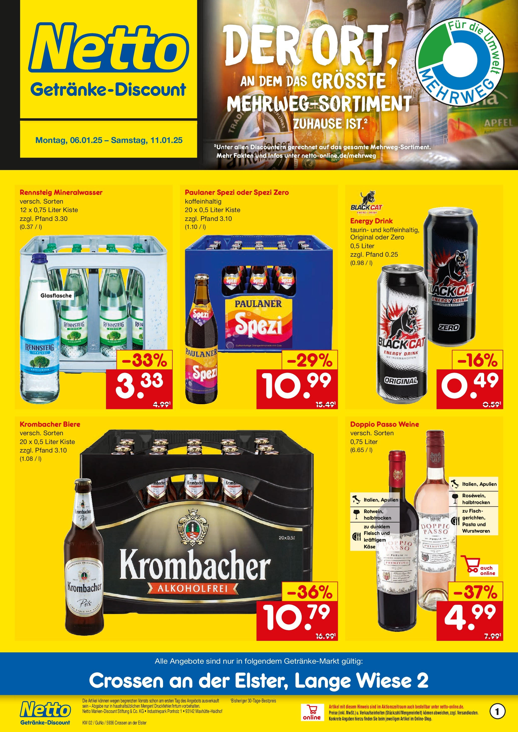 Netto Marken-Discount - Netto: Getränkeangebote (ab 06.01.2025) » Angebote | Seite: 1 | Produkte: Fisch, Krombacher, Pasta, Paulaner