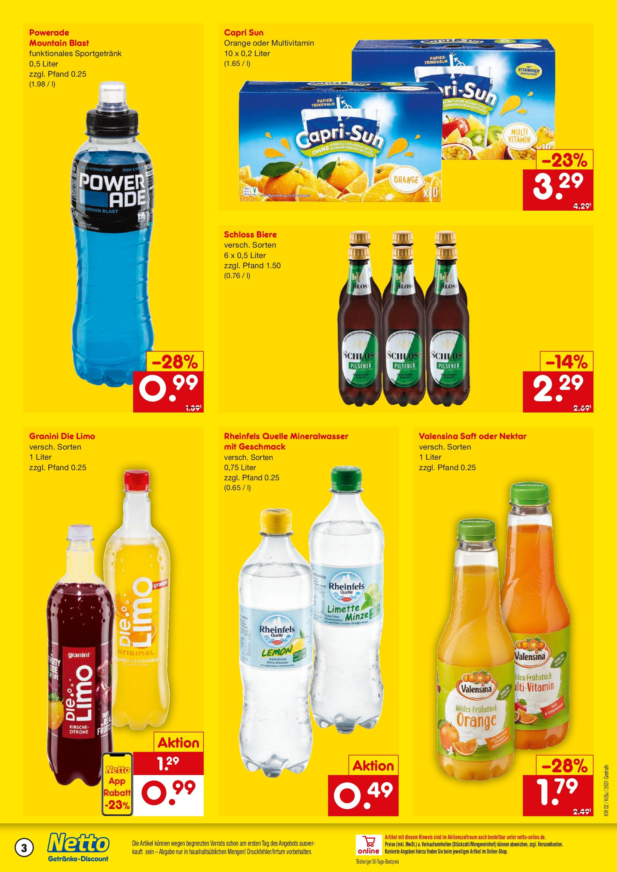 Netto Marken-Discount - Netto: Getränkeangebote (ab 06.01.2025) » Angebote | Seite: 3 | Produkte: Mineralwasser, Powerade, Saft, Rheinfels quelle