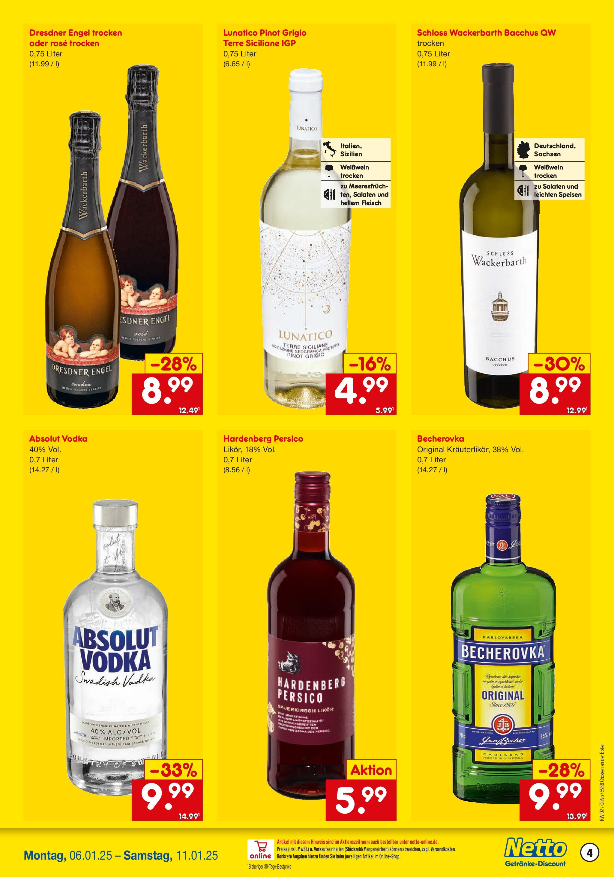 Netto Marken-Discount - Netto: Getränkeangebote (ab 06.01.2025) » Angebote | Seite: 4 | Produkte: Weißwein, Likör, Vodka, Fleisch