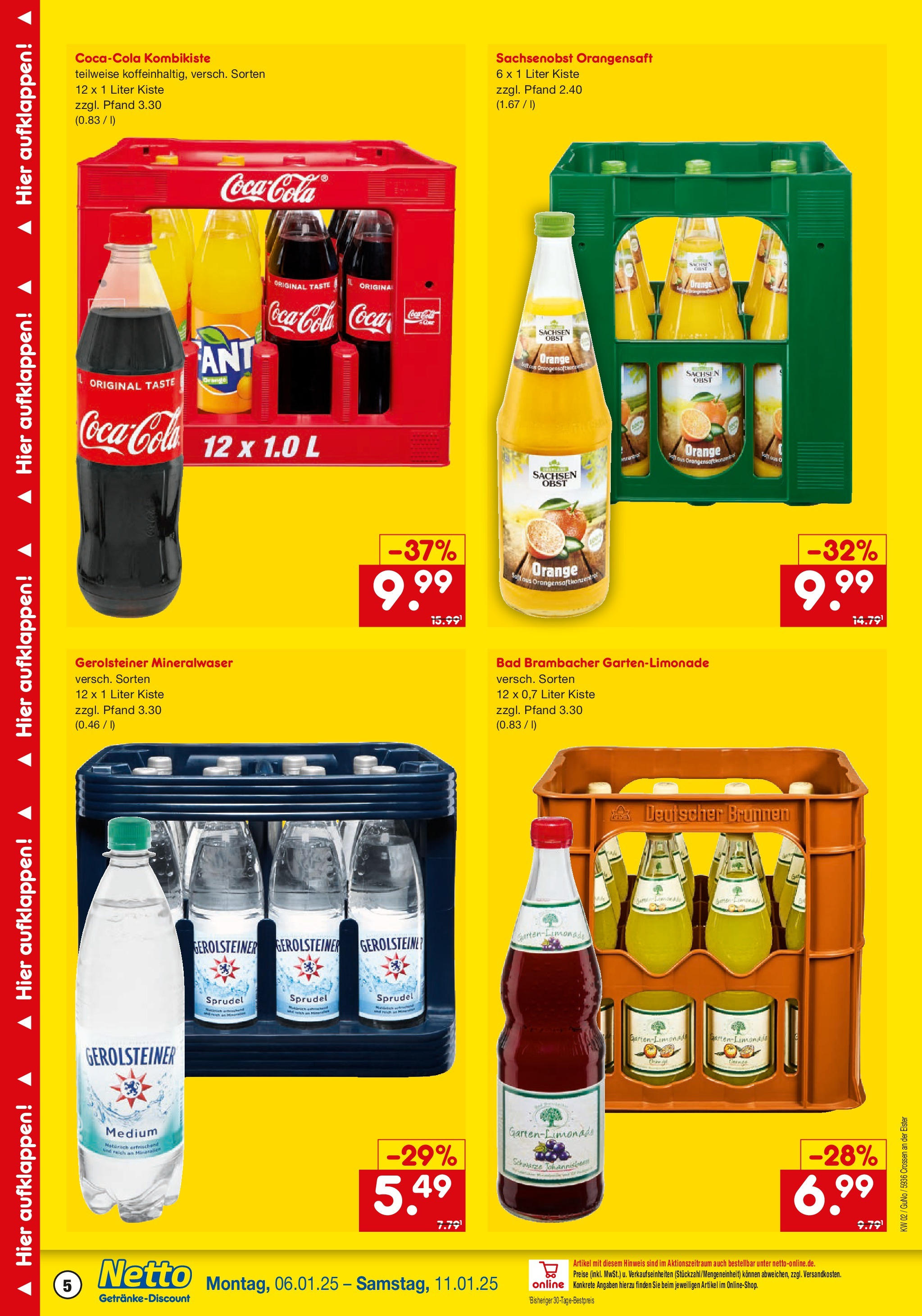 Netto Marken-Discount - Netto: Getränkeangebote (ab 06.01.2025) » Angebote | Seite: 5 | Produkte: Coca cola, Bad, Orangensaft, Obst