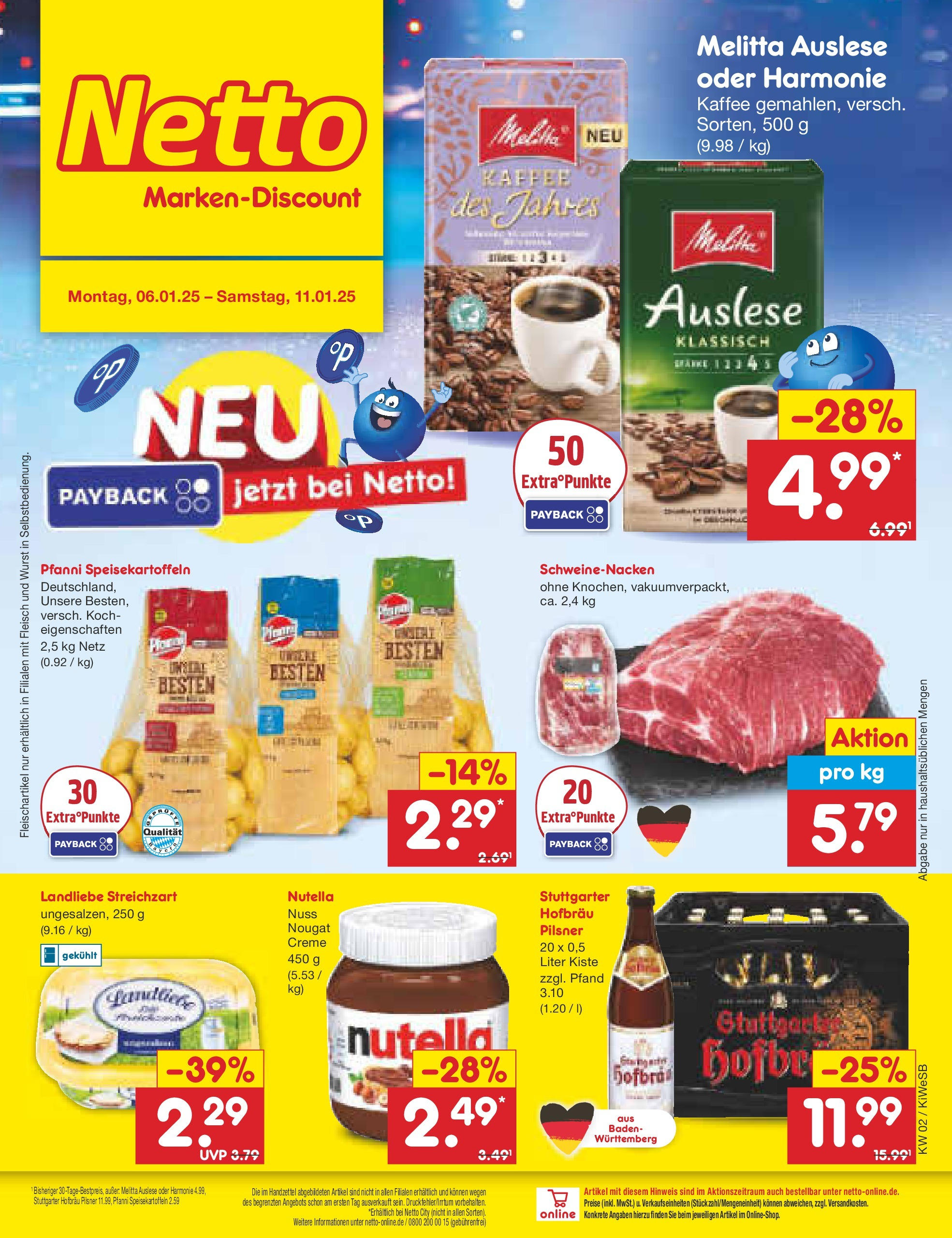 Netto Marken-Discount - Netto: Getränkeangebote (ab 06.01.2025) » Angebote | Seite: 1 | Produkte: Melitta, Schweinenacken, Creme, Fleisch