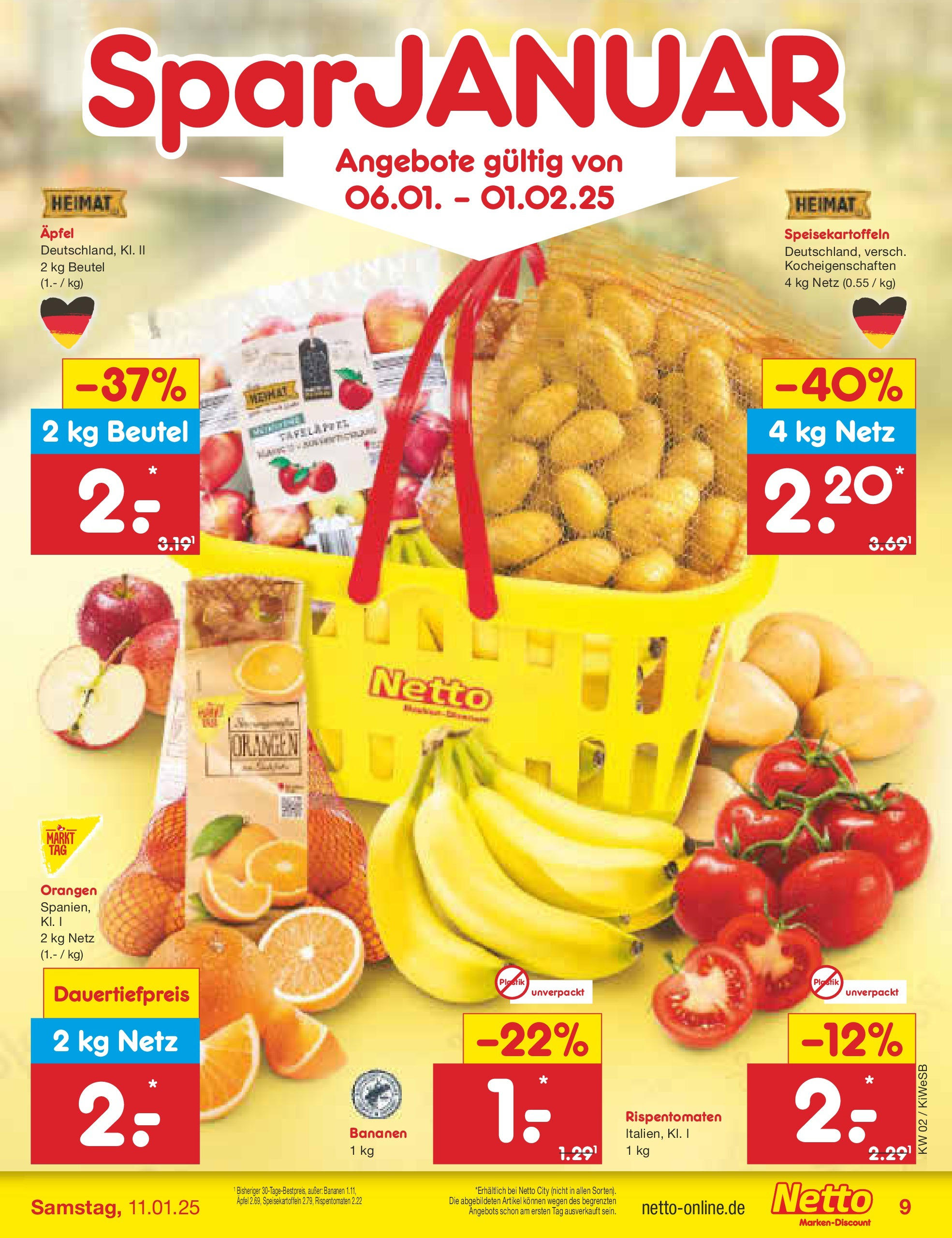 Netto Marken-Discount - Netto: Getränkeangebote (ab 06.01.2025) » Angebote | Seite: 9 | Produkte: Äpfel, Bananen, Orangen