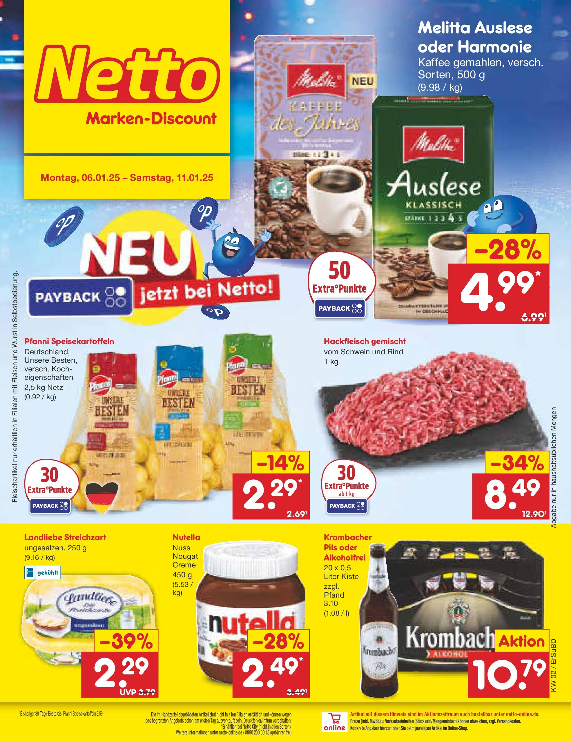 Netto Marken-Discount - Netto: Getränkeangebote (ab 06.01.2025) » Angebote | Seite: 1 | Produkte: Melitta, Kaffee, Krombacher, Hackfleisch