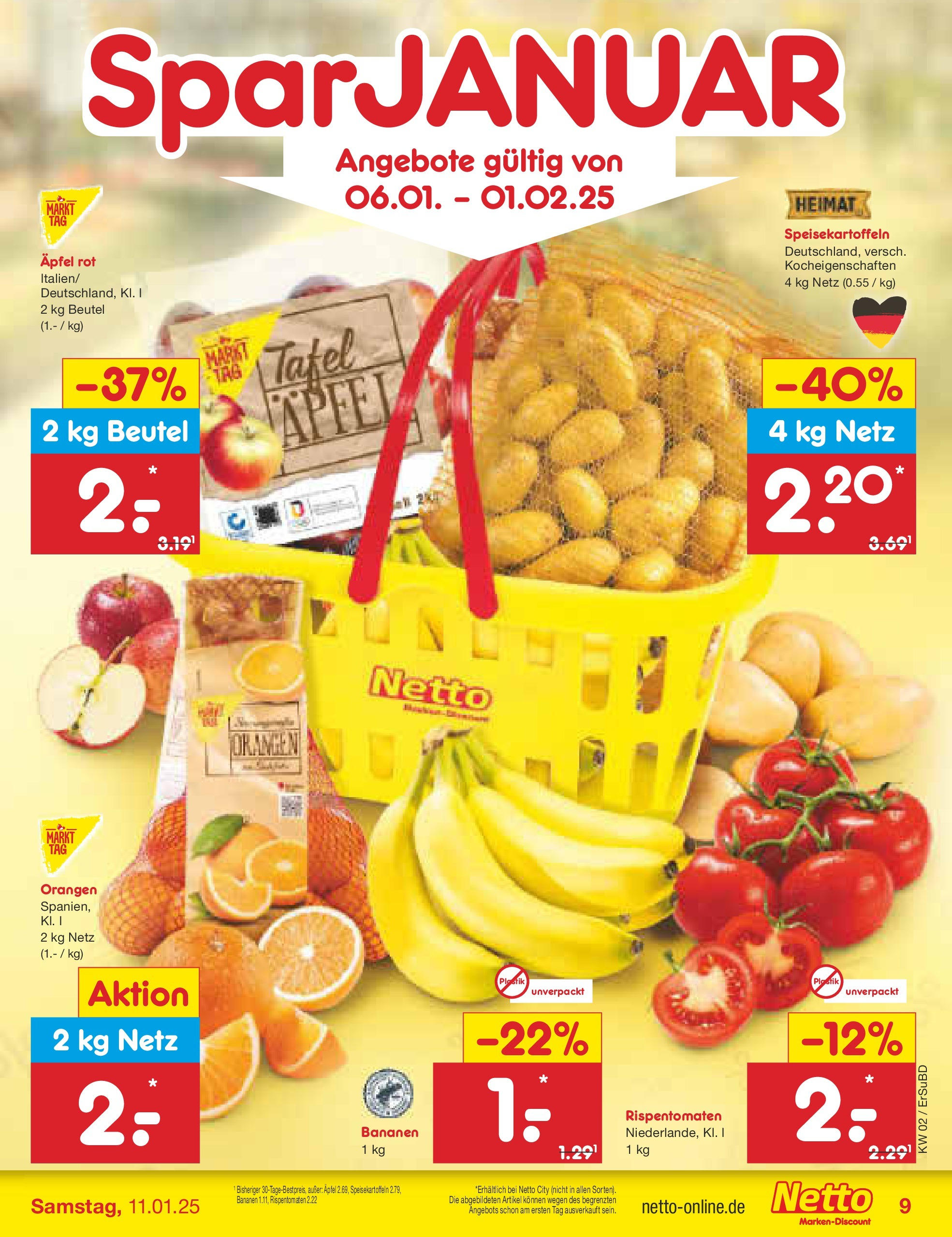 Netto Marken-Discount - Netto: Getränkeangebote (ab 06.01.2025) » Angebote | Seite: 9 | Produkte: Äpfel, Bananen, Orangen