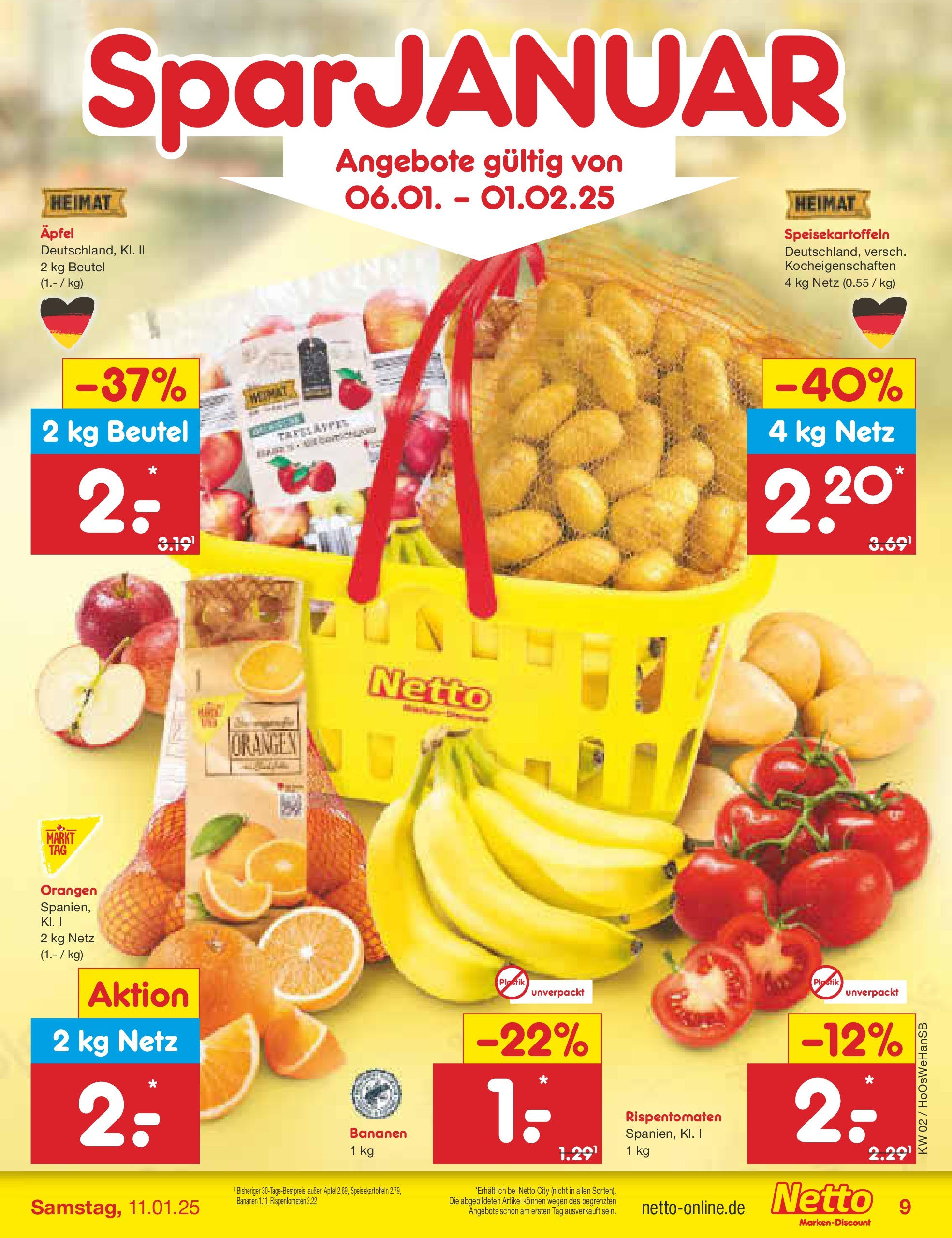 Netto Marken-Discount - Netto: Getränkeangebote (ab 06.01.2025) » Angebote | Seite: 9 | Produkte: Äpfel, Bananen, Orangen