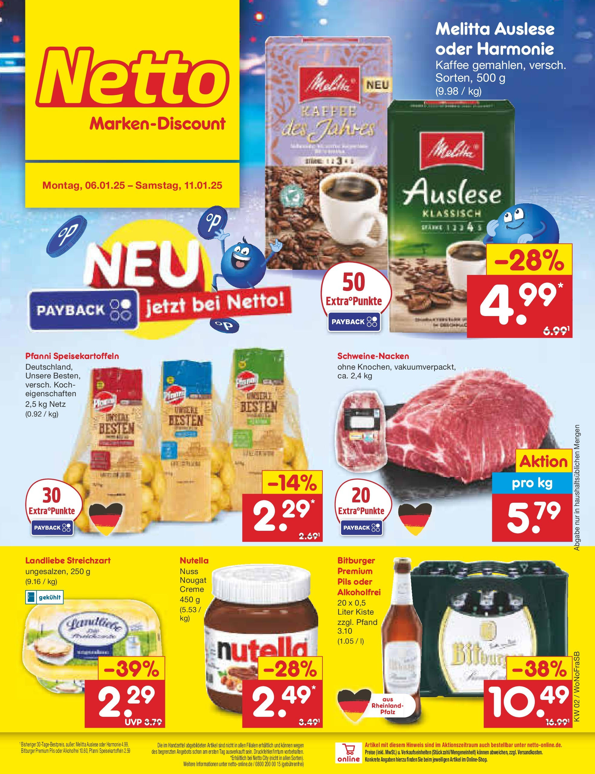 Netto Marken-Discount - Netto: Getränkeangebote (ab 06.01.2025) » Angebote | Seite: 1 | Produkte: Bitburger, Melitta, Kaffee, Schweinenacken