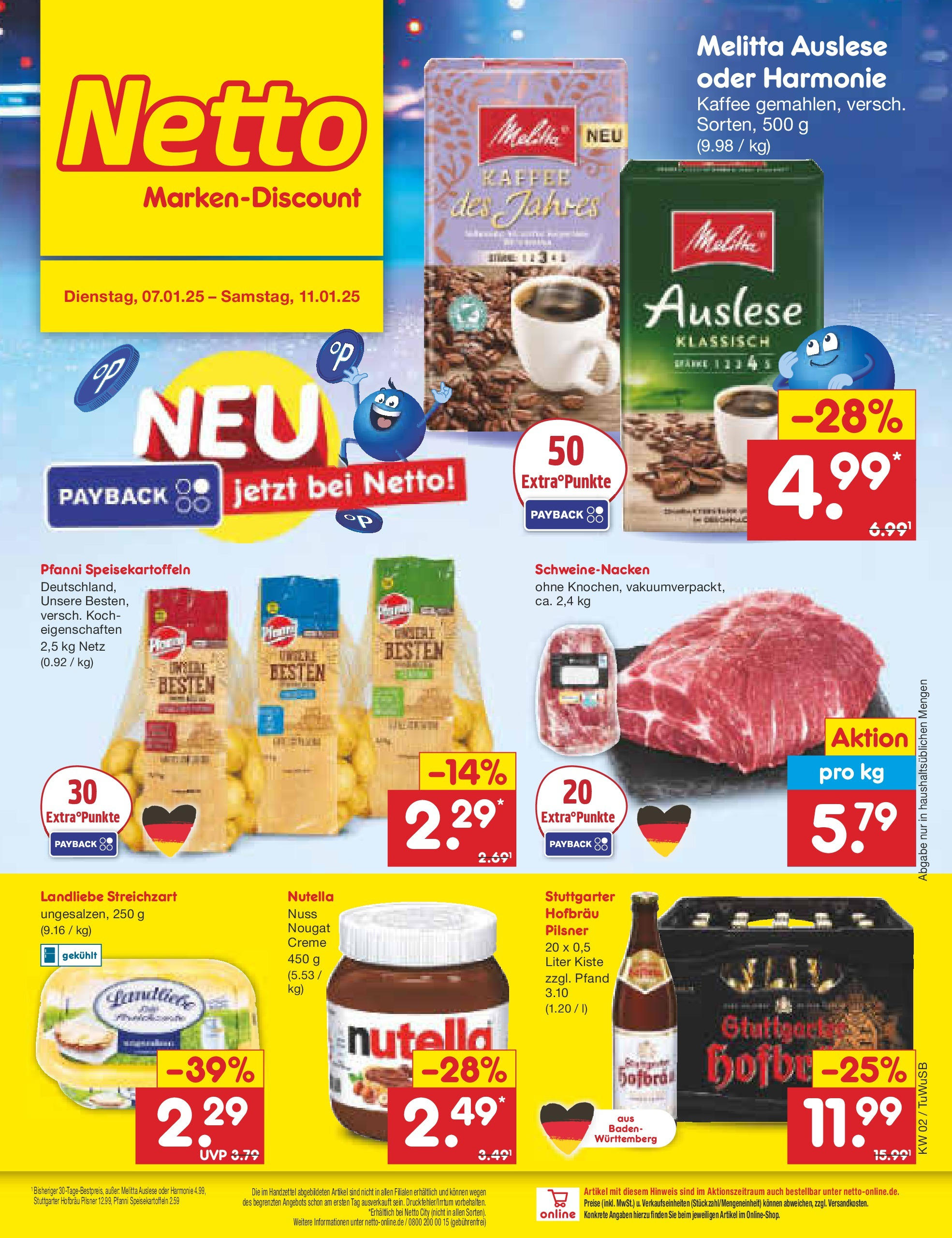 Netto Marken-Discount - Netto: Getränkeangebote (ab 06.01.2025) » Angebote | Seite: 1 | Produkte: Kaffee, Schweinenacken, Creme, Nutella