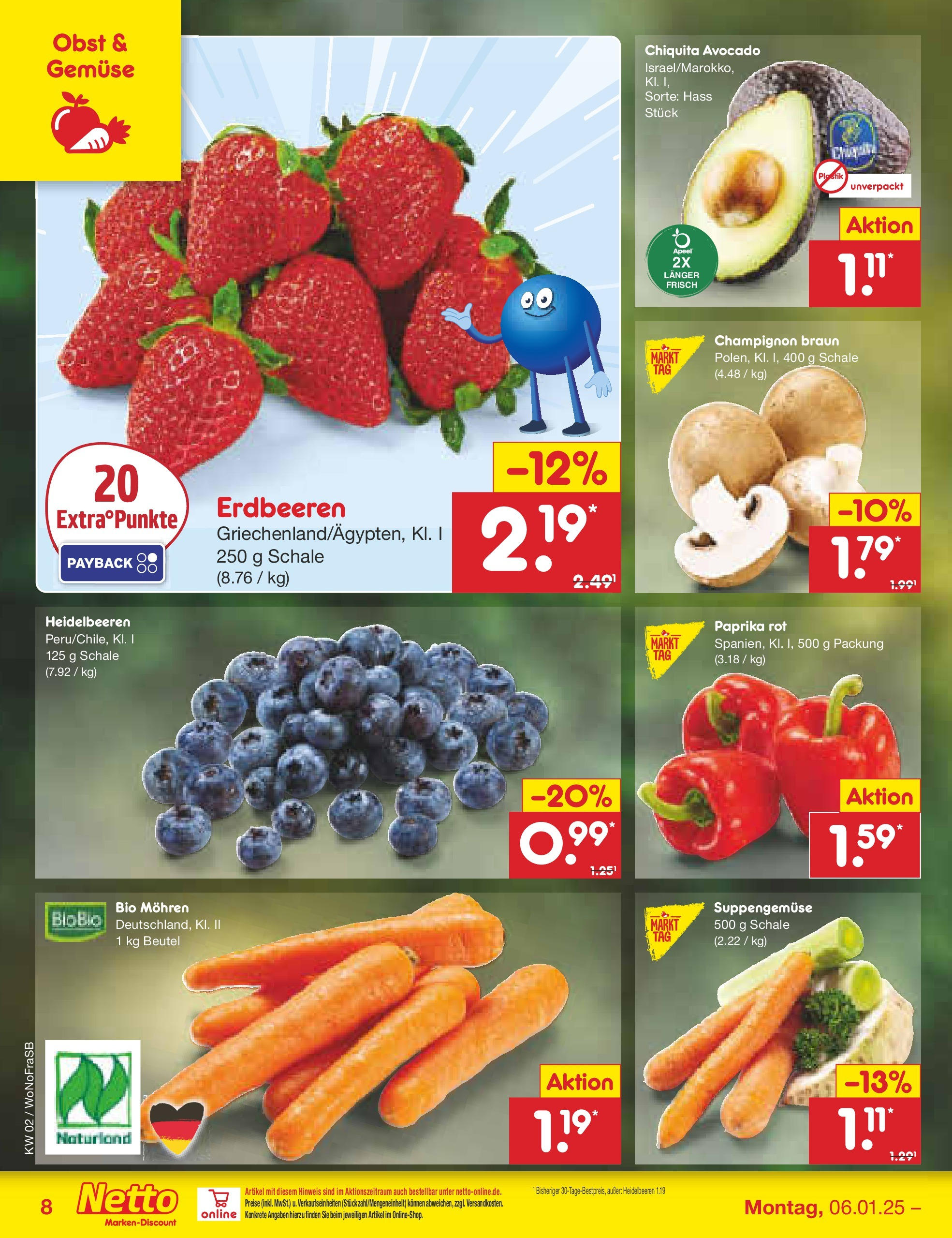 Netto Marken-Discount - Netto: Getränkeangebote (ab 06.01.2025) » Angebote | Seite: 8 | Produkte: Heidelbeeren, Paprika, Obst, Aperol