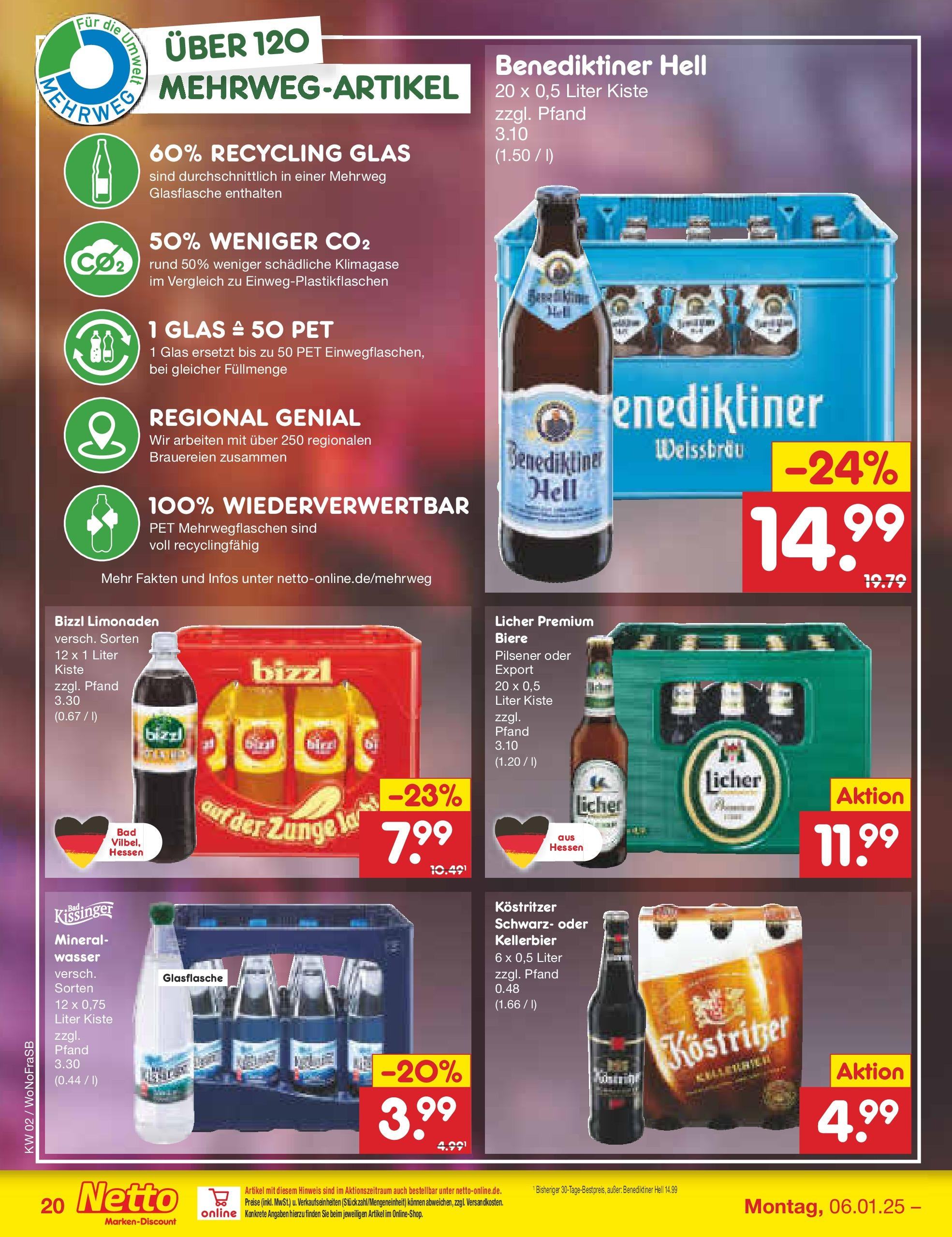 Netto Marken-Discount - Netto: Getränkeangebote (ab 06.01.2025) » Angebote | Seite: 28 | Produkte: Kostritzer, Benediktiner hell, Wasser