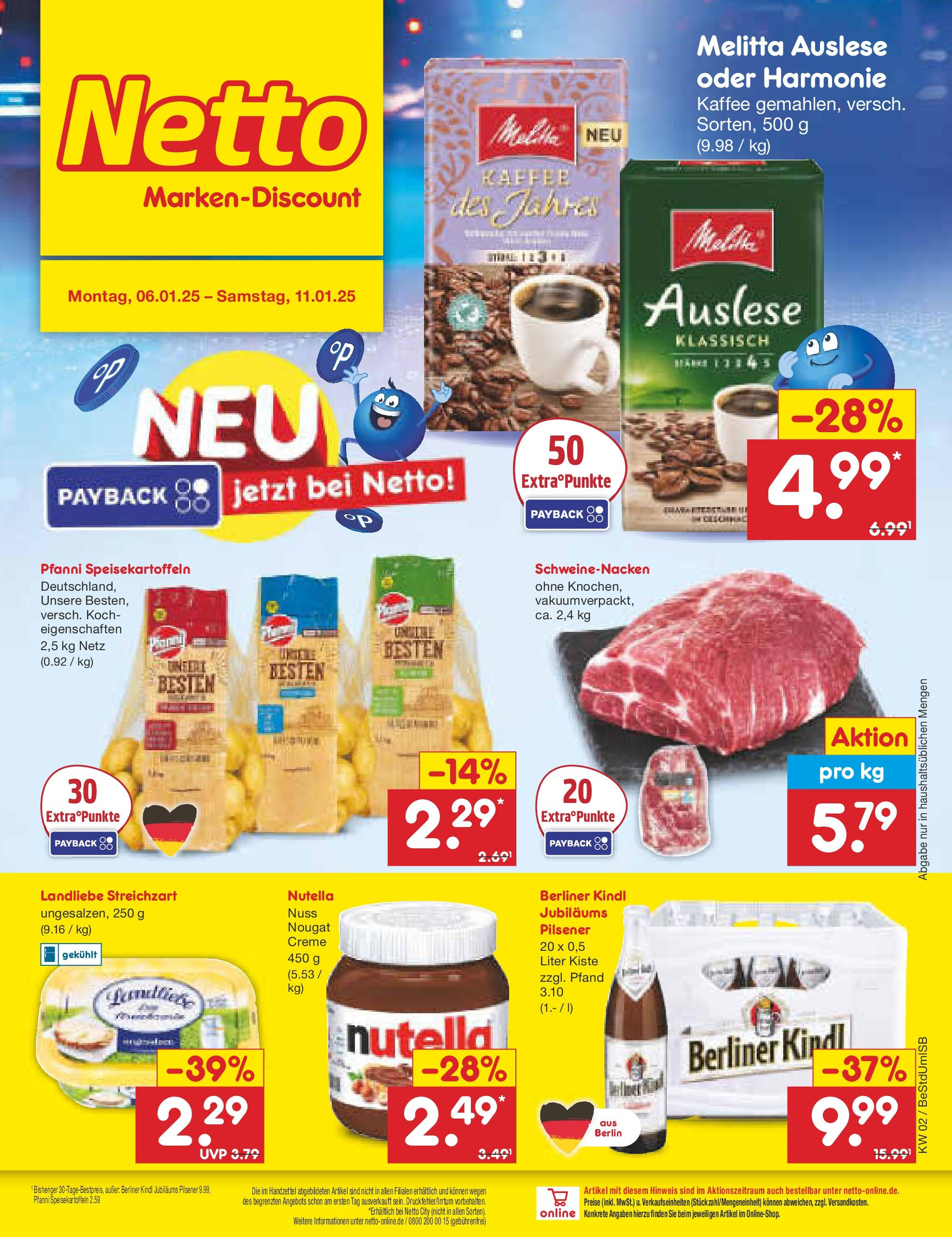 Netto Marken-Discount - Berlin, Corinthstraße 32 (ab 06.01.2025) » Angebote | Seite: 1 | Produkte: Berliner, Kaffee, Schweinenacken, Creme