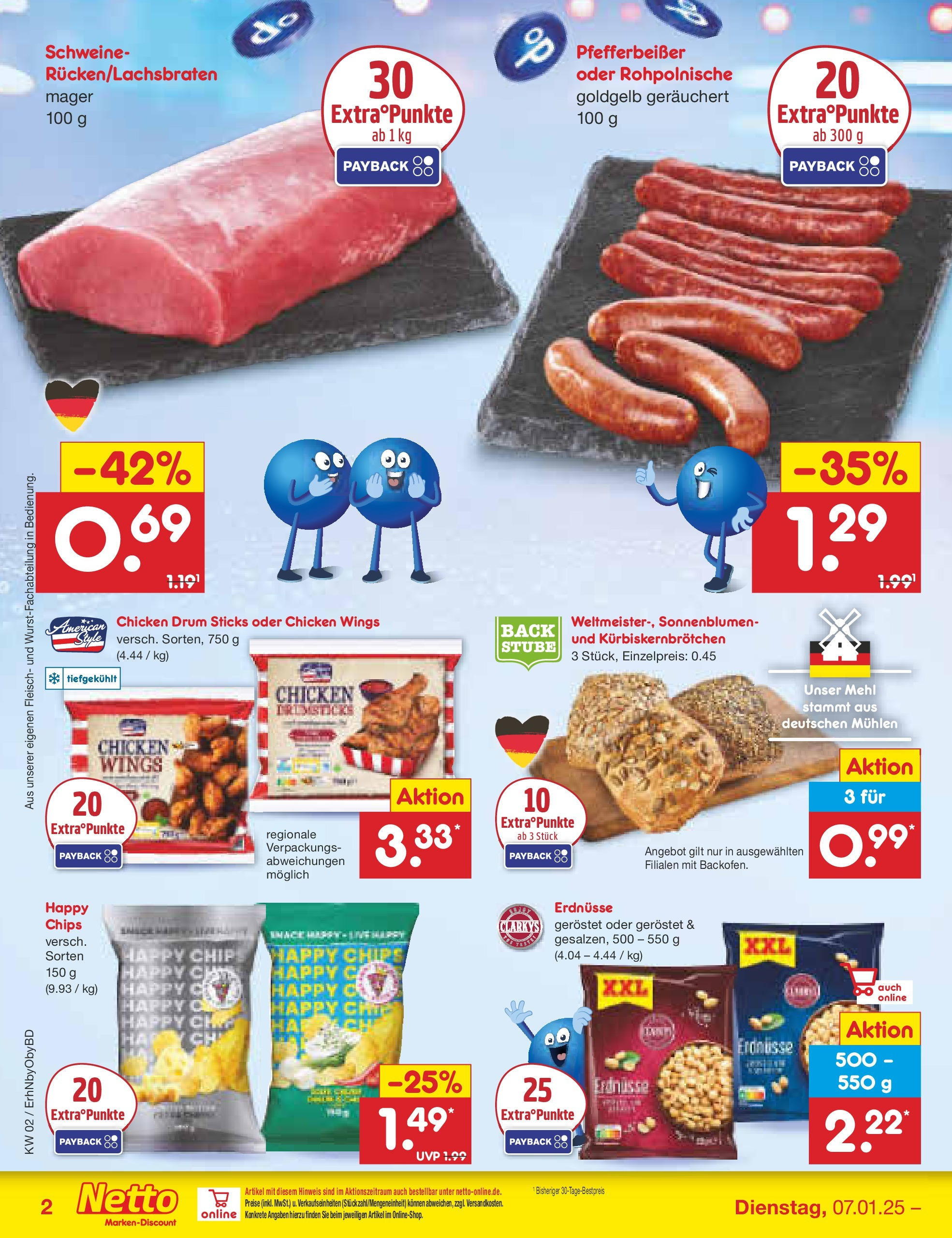 Netto Marken-Discount - Netto: Getränkeangebote (ab 06.01.2025) » Angebote | Seite: 2 | Produkte: Erdnüsse, Mehl, Chips, Fleisch